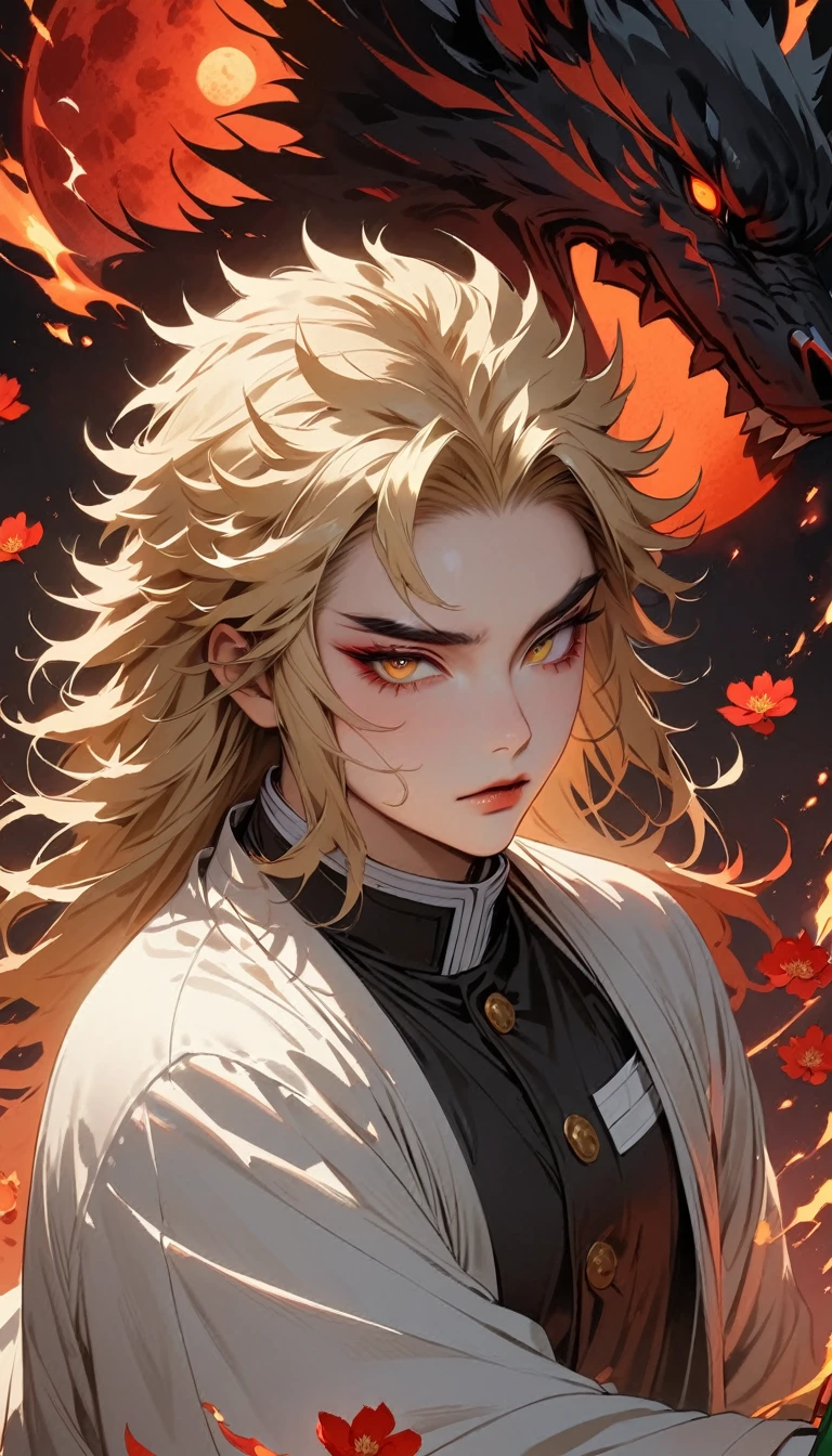 Super detailed, High resolution, Absurd, High resolution, masterpiece, Rengoku Kyojuro, Blonde, Expressive golden eyes, White Haori with a Flame Pattern, Black Demon Slayer uniform, Kimetsu no Yaiba, Fantasy, petal, Red flower, good looking, sexy man Grabbing a sword, alone, magic, shining red fireflies, Red Moon, Highest quality, Highly detailed face and eyes, fire, Grabbing a sword