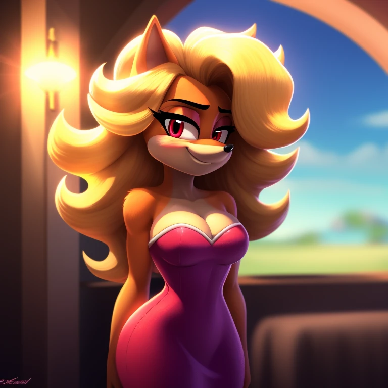 Tawna bandicoot, strapless tight dress, cleavage, curly hair, halo, sunglasses, jewelry, red eyes, longeyelashes, red eyes, smile, shy, blush, high detail, masterpiece, UHD, anatomically correct, super detail, highres, 4K