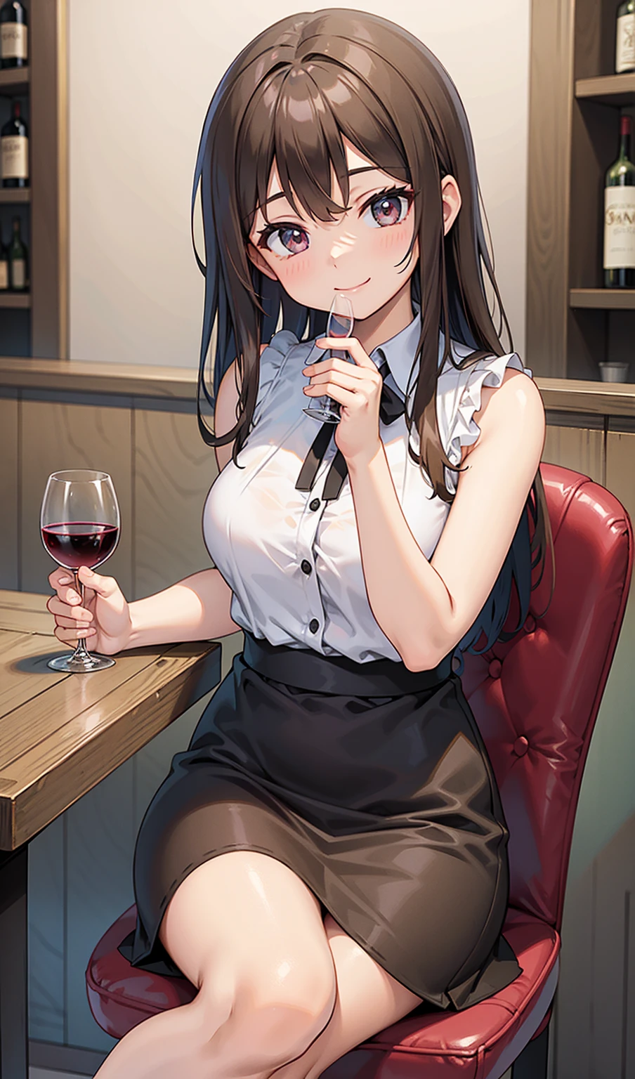 Girl、smile、Bunny girl、Bunny ears headband、Fishnet tights、Long Black Hair、sexy、bar counter、Colourful wine bottles