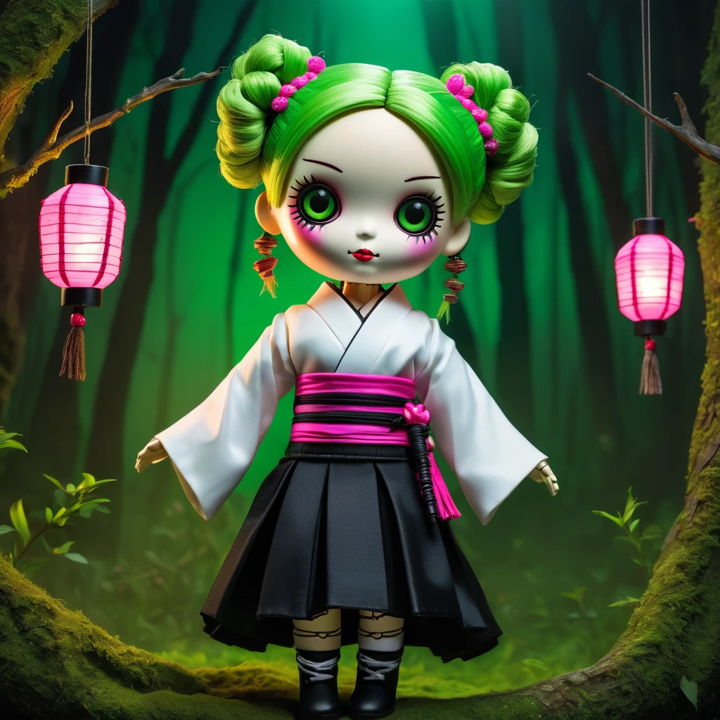 (knitted toy voodoo doll:1.9), (Voodoo Mitsuri Kanroji:1.3), (Clothing white very short kimono with an open neckline on the chest and a black skirt, high green knee-highs:1.4), (hair pink and green pigtails on the shoulders:1.4), (holds a small sword:1.0), (background: dark mystical forest with glowing lanterns:1.2), (style: creepy, mesmerizing, detailed:1.3), best quality, masterpiece, detailed soft oil painting, detailed background, dramatic cinematic lighting, soft edge lighting, professional, dramatic lighting, hard edge lighting, ultra quality, 4k, masterpiece, best quality, 8k, ultra high definition, high resolution, extremely detailed