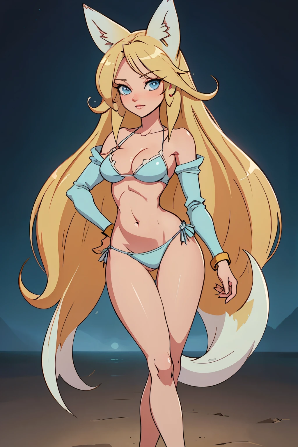 Beautiful 1girl, full body, teenager, solo, (very long waist length blonde hair, straight blonde hair: 1.28), ((light blue eyes)), clear skin, (large darker fox ears: 1.35), pale skin, medium breasts, cleavage, (thin hips, thin waist , athletic body: 1.25),  background, looking away, (wearing only a bikini: 1.5), groping chest, walking in the sand, masterpiece, best quality,3d rending work ,3DMM style, close-up, portrait, 3D,
