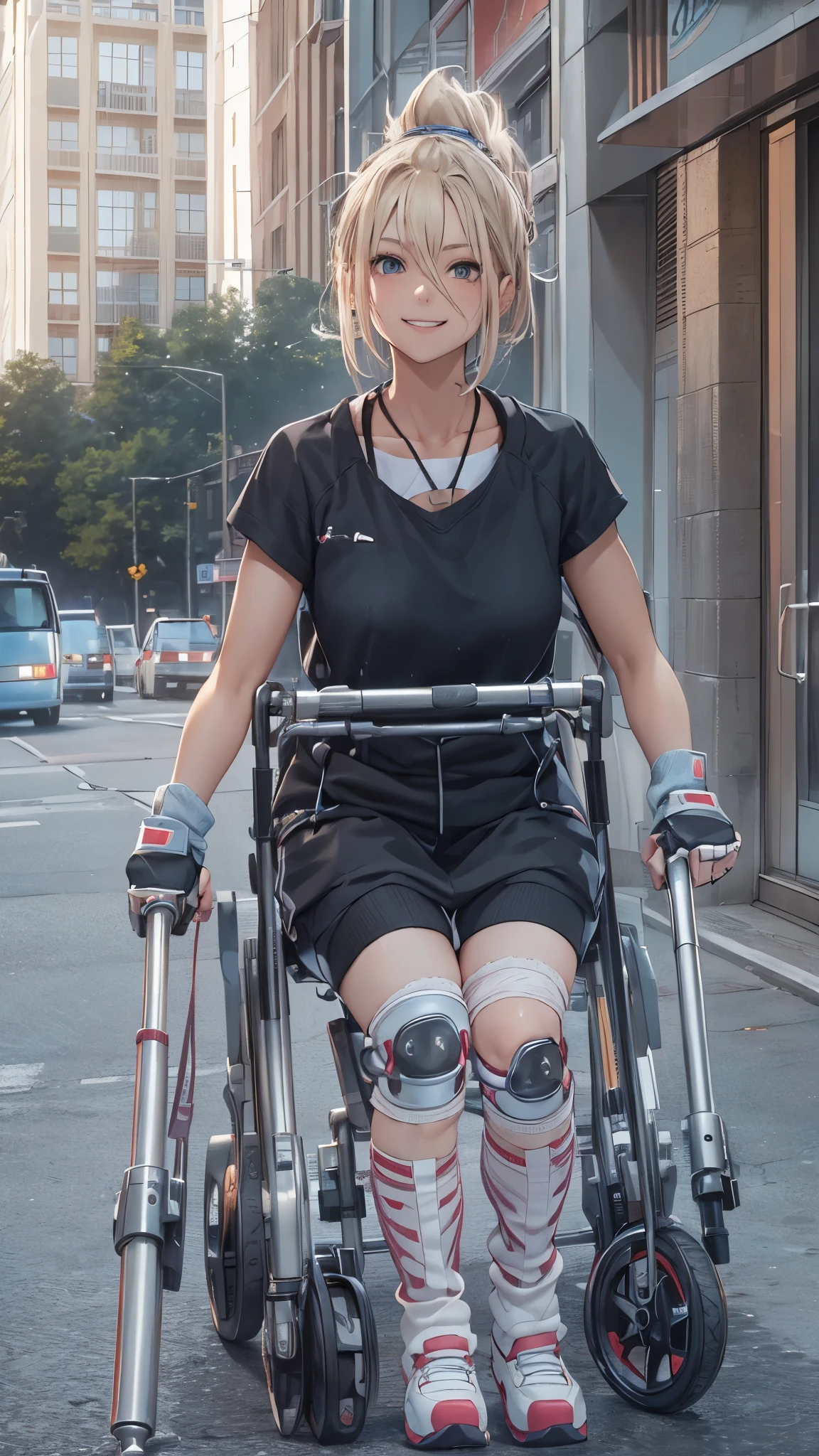 (Very detailed, Realistic), Cityscape, [moderately:Oil], [Professional:1.1], [Physically Based Rendering], [Bright colors], [Sharp focus], [Studio Lighting], [Attention to detail], [Highest quality,4K,8K,High resolution,masterpiece:1.2],(Detailed face),((In the hospital)),((One 18-year-old woman)),(Blond messy hair),(dark),(it hurts),(scared),(Grin),[Nervous eyes],((Her legs are very thin)),((She walks using crutches,Crutch length from armpit,She has crutches beside her)),((She relies on crutches)),((She has a cast on her leg.)),((Leg Brace)),((Leg Brace)),((She is a wheelchair user)),((She is a wheelchair user)),((Her feet are pointing inwards)),(Street Casual Fashion,Cold shoulder tops,Shorts,loose socks),((Lace-up boots)),(gloves,Knee pads),.
