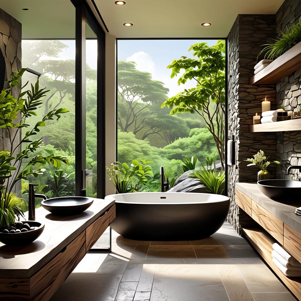 Create a contemporary and serene bathroom that emphasizes a harmonious blend of natural elements and modern design. The focal point should be a spacious black bathtub with a matte finish, situated near a large window showcasing a beautiful rocky garden with abundant greenery. The walls should feature dark, textured stone tiles for a sophisticated look. Include a wooden vanity with a vessel sink and open shelves for storing towels and bathroom essentials. Use a combination of recessed lighting and natural light to create a calming and inviting ambiance