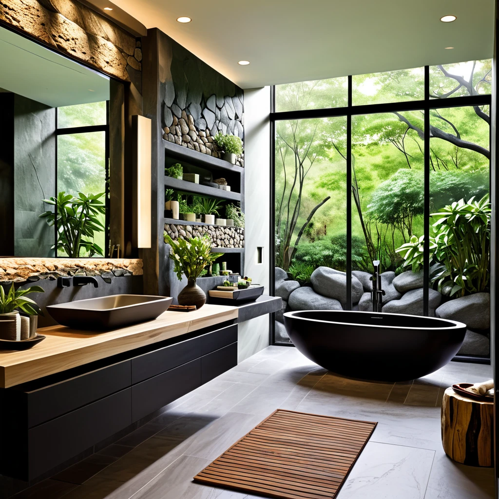 Create a contemporary and serene bathroom that emphasizes a harmonious blend of natural elements and modern design. The focal point should be a spacious black bathtub with a matte finish, situated near a large window showcasing a beautiful rocky garden with abundant greenery. The walls should feature dark, textured stone tiles for a sophisticated look. Include a wooden vanity with a vessel sink and open shelves for storing towels and bathroom essentials. Use a combination of recessed lighting and natural light to create a calming and inviting ambiance