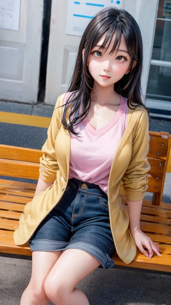 Create an image of a girl similar to Yui Arakaki. Focus especially on the atmosphere around the eyes and the style of the hair, and draw a person who has a similar impression to her. Also, incorporate a bright smile or graceful expression similar to hers. You can arrange your clothes and backgrounds freely, but please express her cleanliness and natural charm.