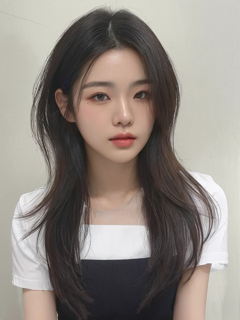 Best Quality, 8k, Masterpiece, (Portrait: 1.3), (photo realistic:1.4), (hyper realistic:1.4), Sharp Focus, looking at viewer, (smoother lighting:1.1), (increase cinematic lighting quality:0.9), realistic lighting, backlighting, light on face, ray trace, (brightening light:1.2), (Increase quality:1.4), sharp detail, (best quality real texture skin:1.4), finely detailed eyes, black_eyes, finely detailed face, 25 year old Korean woman, (white tube_topt:1.4), (Create an image maintaining the original base model hairstyle:1.5)