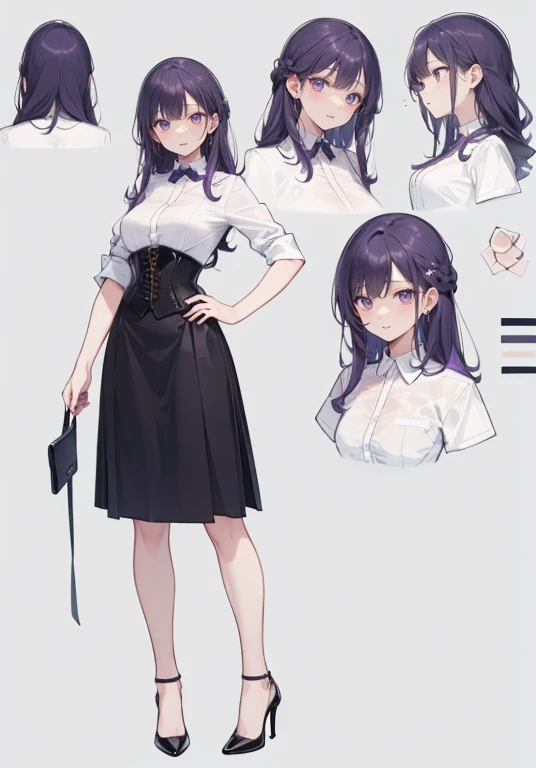 Purple hair,long hair,Adult female,(bartender),((Roll up your shirt sleeves)),(Rolling up the sleeves of his shirt),(corset),(skirt),(High heels),((Simple Background)),smile,((whole body)),((full body)),Character Sheet,