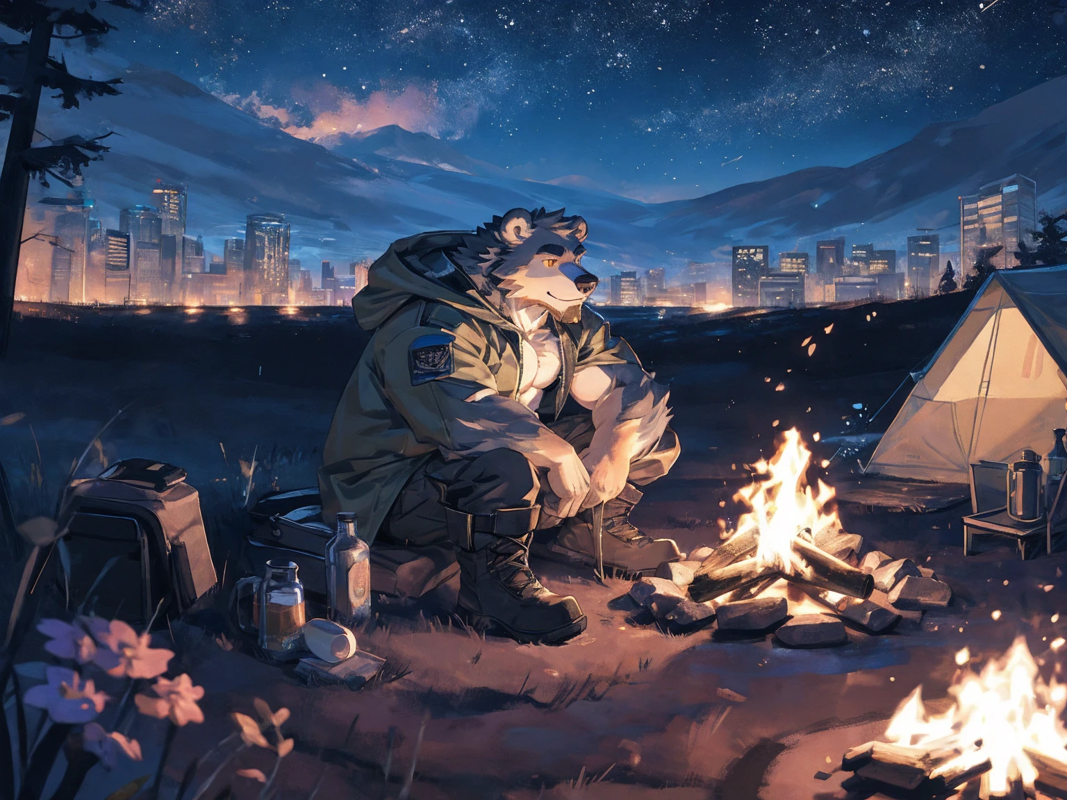 (masterpiece:1.2), best quality,pixiv,official art,perfect anatomy, (Ray tracing, light),solo, (1_male:1.3) , (muscle), (grey fur:1.4), (muscle bear), (beard:1.2), (gleaming golden eyes), bear tail, Thick black eyebrows, (open hooded parka) , (naked inside:1.2), cargo pants, (boots:1.2), (A skyline at lakeland:1.3),twinkling stars, Milky Way, outdoors ,solo camp , camping , campfire