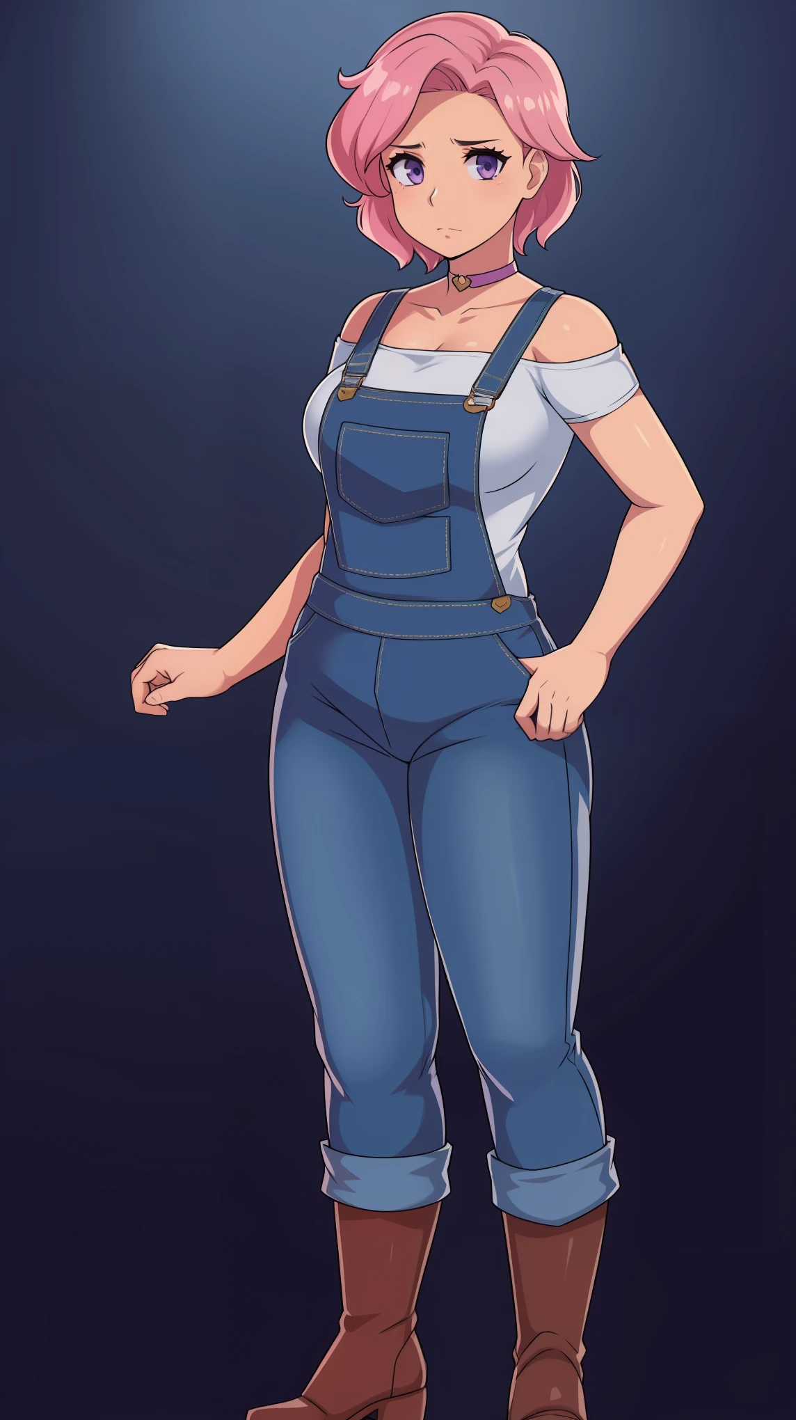 sad, farm backround, Full body, looking at viewer, 1girl, solo, short pink hair, (dark blue choker), (dark blue denim overalls), (purple eyes), (pink boots), (white shoulder lantern sleeve blouse, tucked in pants