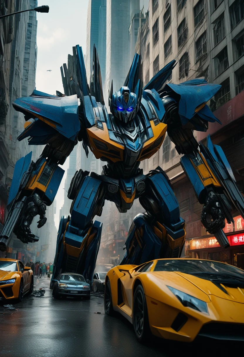 8k,4k,1 shot,super realistis, extremely detail,super detail arche from transformers,arche,walking,chaos city,many broken car,use the gun,war,agains enemy