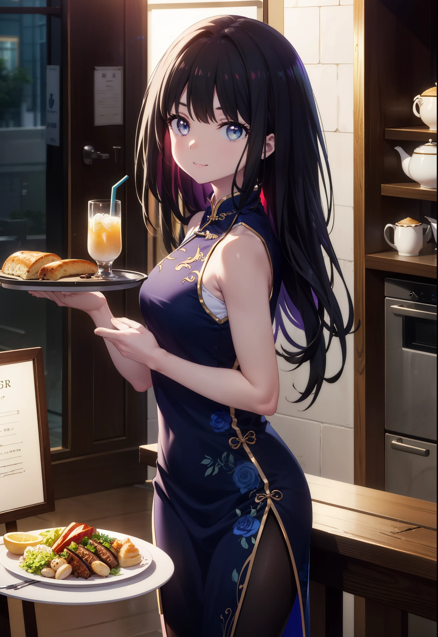 Takiuchi, Check it out, Long Hair, bangs, Black Hair, (Purple eyes:1.2),happy smile, smile, Close your mouth,
Sleeveless blue Chinese dress,Blue long slit,Black pantyhose,Stiletto heels,Tables and chairs, food, drink, tray, tray in one hand,whole bodyがイラストに入るように,Walking,
break indoors,Chinese style coffee shop,
break looking at viewer, whole body,
break (masterpiece:1.2), Highest quality, High resolution, unity 8k wallpaper, (shape:0.8), (Fine and beautiful eyes:1.6), Highly detailed face, Perfect lighting, Highly detailed CG, (Perfect hands, Perfect Anatomy),
break outdoors, city,
break looking at viewer, (Cowboy Shot:1.5),
break (masterpiece:1.2), Highest quality, High resolution, unity 8k wallpaper, (figure:0.8), (Beautiful attention to detail:1.6), Highly detailed face, Perfect lighting, Highly detailed CG, (Perfect hands, Perfect Anatomy),