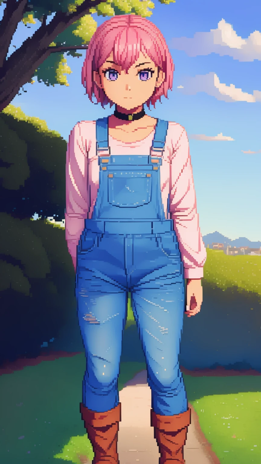 Pixel art, sad, farm backround, Full body, looking at viewer, 1girl, solo, short pink hair, (dark blue choker), (dark blue denim overalls), (purple eyes), (pink boots), (white shoulder lantern sleeve blouse, tucked in pants