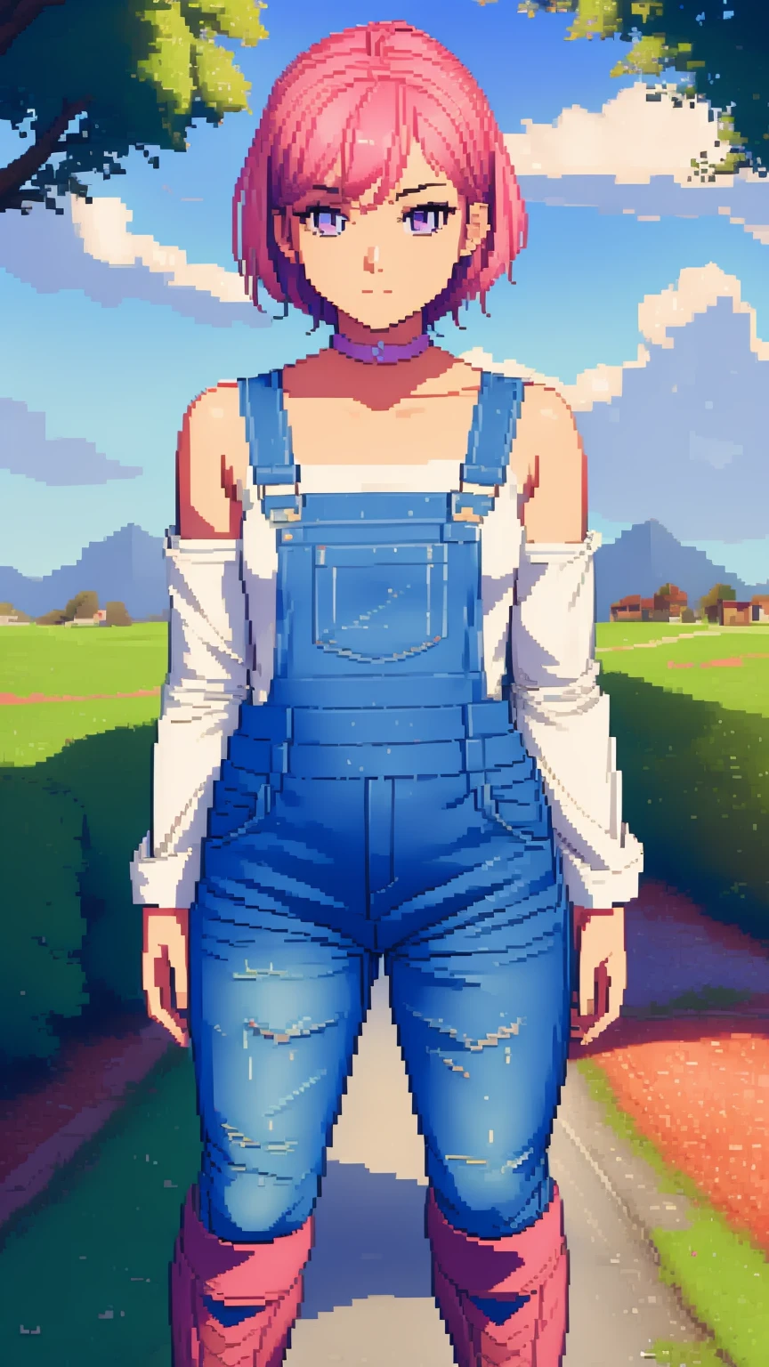 Pixel art, sad, farm backround, Full body, looking at viewer, 1girl, solo, short pink hair, (dark blue choker), (dark blue denim overalls), (purple eyes), (pink boots), (white shoulder lantern sleeve blouse, tucked in pants