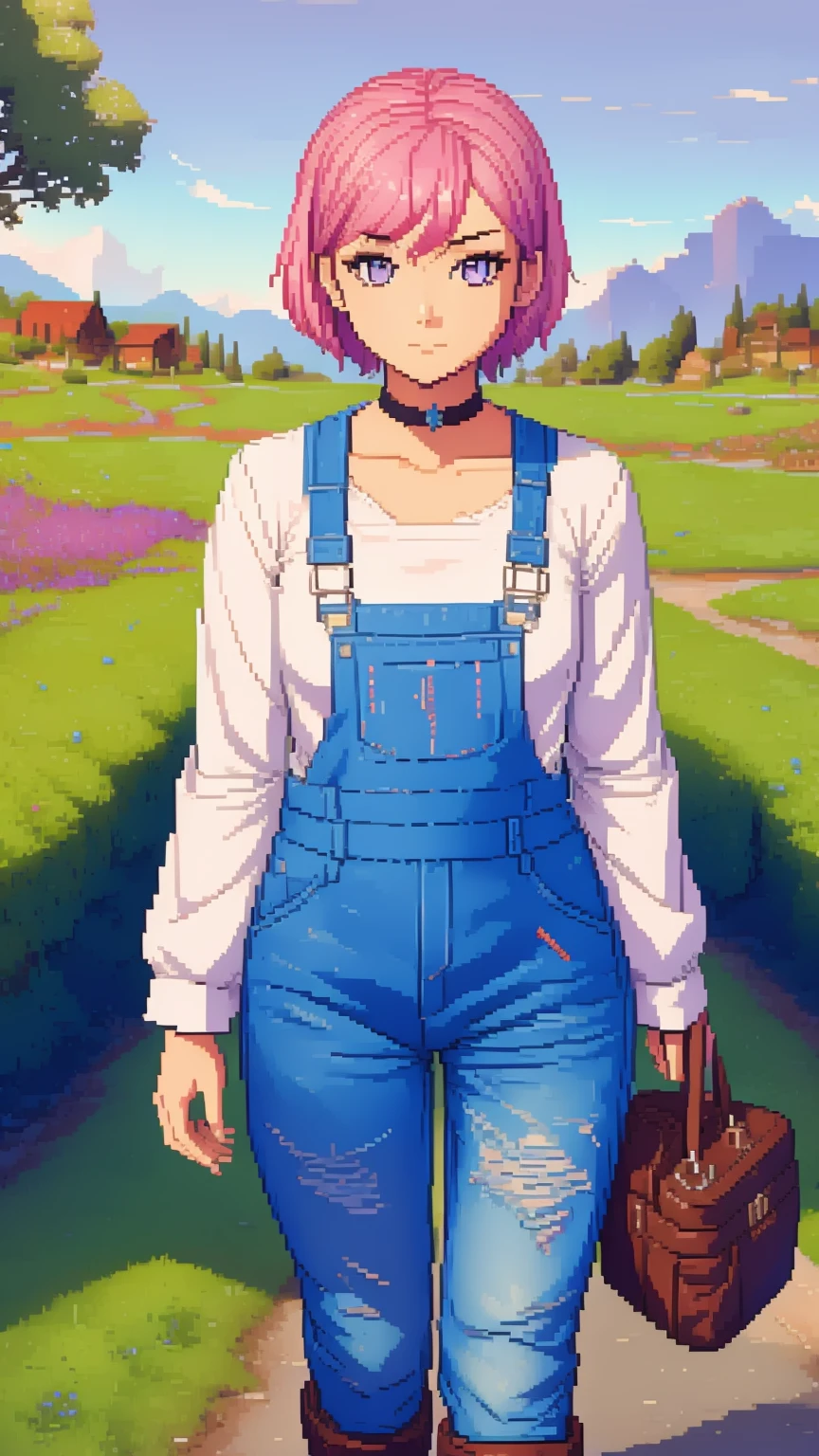 Pixel art, sad, farm backround, Full body, looking at viewer, 1girl, solo, short pink hair, (dark blue choker), (dark blue denim overalls), (purple eyes), (pink boots), (white shoulder lantern sleeve blouse, tucked in pants