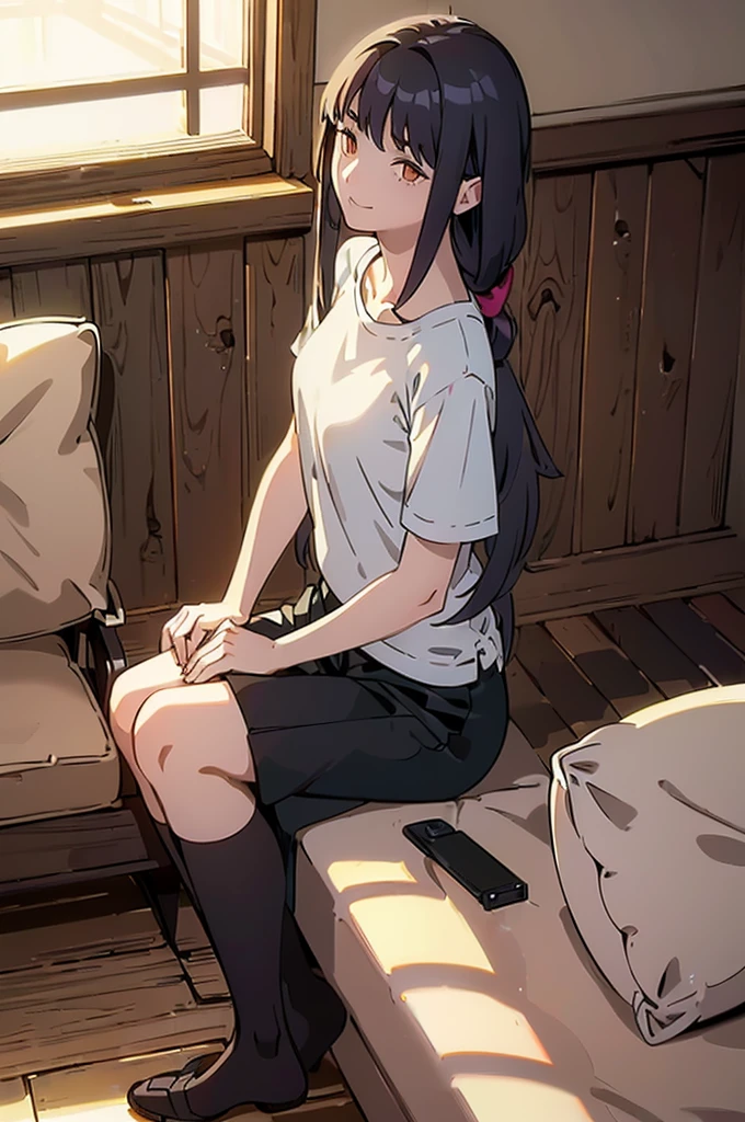 ((((Obra maestra, La mejor calidad, ultrahigh resolution)))), 1girl, sitting on the sofa, (baggy black t-shirt, white lounge wear shorts, back hair, dark black hair over eye)), long hair cut, pale skin, ((brown eyes)), glowing_eyes, neon eyes, (ultra detailed eyes:0.7, beautiful and detailed face, detailed eyes:0.9), ((centered)), smile, ((wide shot)), facing viewer, large breasts, (looking at viewer), ((half closed eyes)), empty eyes, beautiful lighting, defined subject, 16 years old, ((cool looking)), ((from above, wide shot))