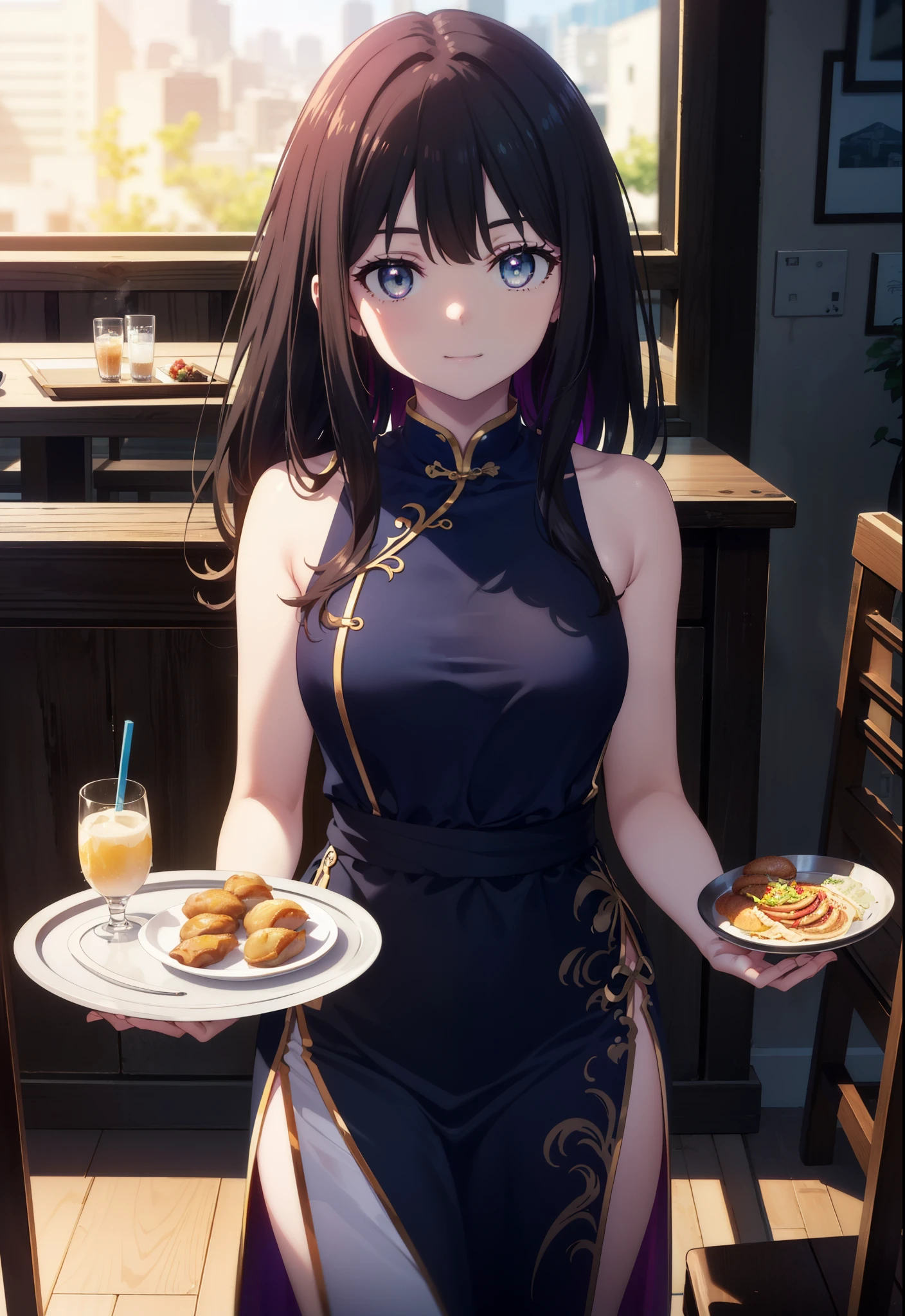 Takiuchi, Check it out, Long Hair, bangs, Black Hair, (Purple eyes:1.2),happy smile, smile, Close your mouth,
Sleeveless blue Chinese dress,Blue long slit,Black pantyhose,Stiletto heels,Tables and chairs, food, drink, tray, tray in one hand,whole bodyがイラストに入るように,Walking,
break indoors,Chinese style coffee shop,
break looking at viewer, whole body,
break (masterpiece:1.2), Highest quality, High resolution, unity 8k wallpaper, (shape:0.8), (Fine and beautiful eyes:1.6), Highly detailed face, Perfect lighting, Highly detailed CG, (Perfect hands, Perfect Anatomy),
break outdoors, city,
break looking at viewer, (Cowboy Shot:1.5),
break (masterpiece:1.2), Highest quality, High resolution, unity 8k wallpaper, (figure:0.8), (Beautiful attention to detail:1.6), Highly detailed face, Perfect lighting, Highly detailed CG, (Perfect hands, Perfect Anatomy),
