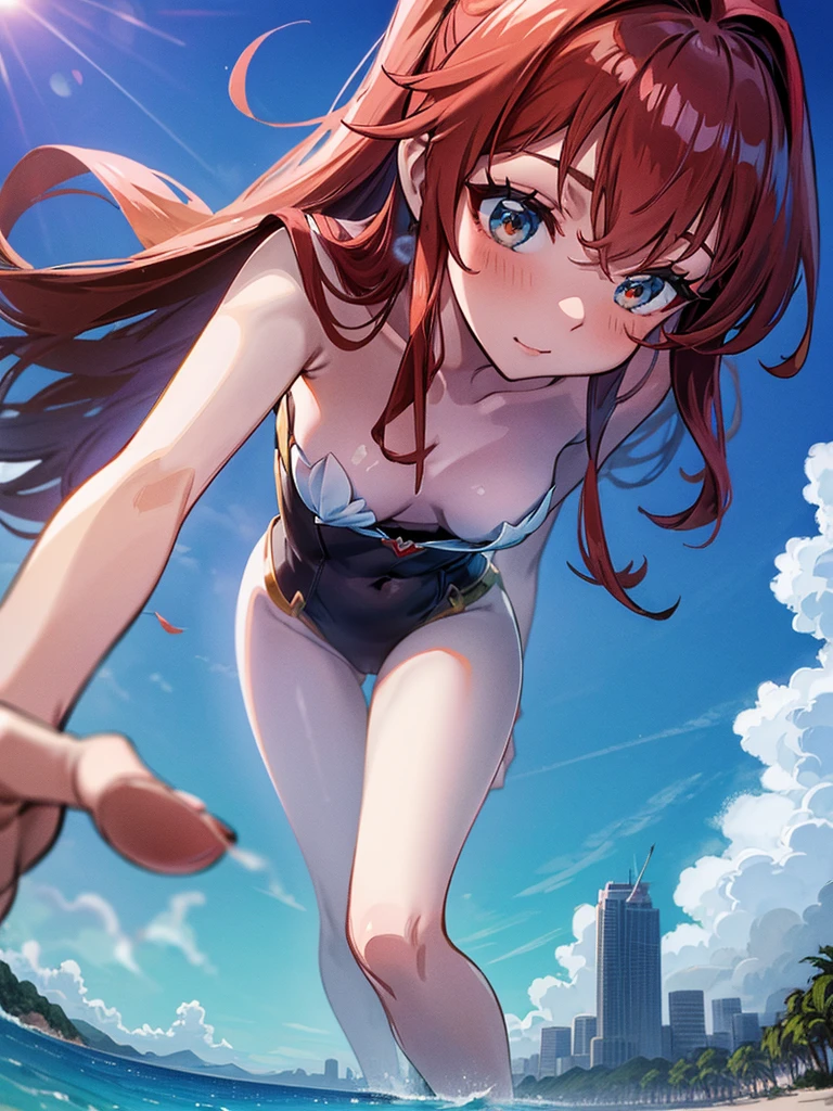 Giantess appears from underwater in front of a giant cruise ship, the cruise ship looks very small in front of her because it is giant, she is naked, she has red hair and white skin, she has small breasts but very sexy legs and her body is very curvy. Goddess, Attack, giant, cruise ship, naked, sexy, hot, ocean, in middle of the ocean, without buildings, High quality, Red hair, hottest, tall girl, sexy legs, monster girl, cruise ship, giant cruise, attacking, evil, mad
