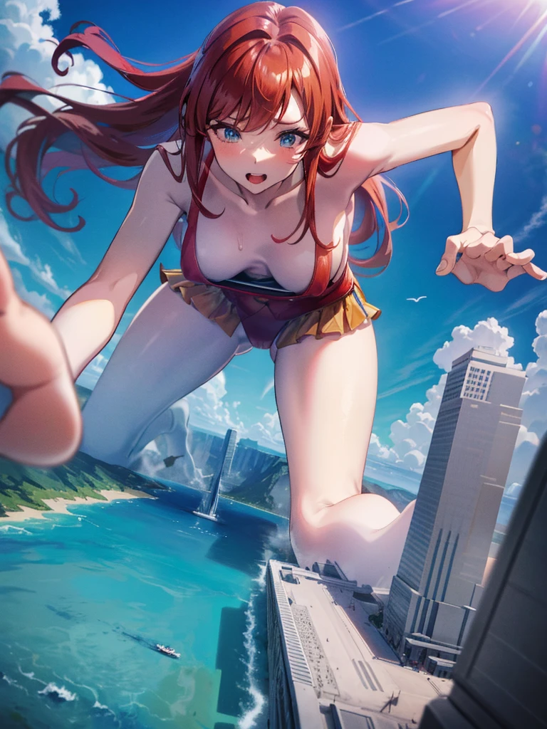 Giantess appears from underwater in front of a giant cruise ship, the cruise ship looks very small in front of her because it is giant, she is naked, she has red hair and white skin, she has small breasts but very sexy legs and her body is very curvy. Goddess, Attack, giant, cruise ship, naked, sexy, hot, ocean, in middle of the ocean, without buildings, High quality, Red hair, hottest, tall girl, sexy legs, monster girl, cruise ship, giant cruise, attacking, evil, mad