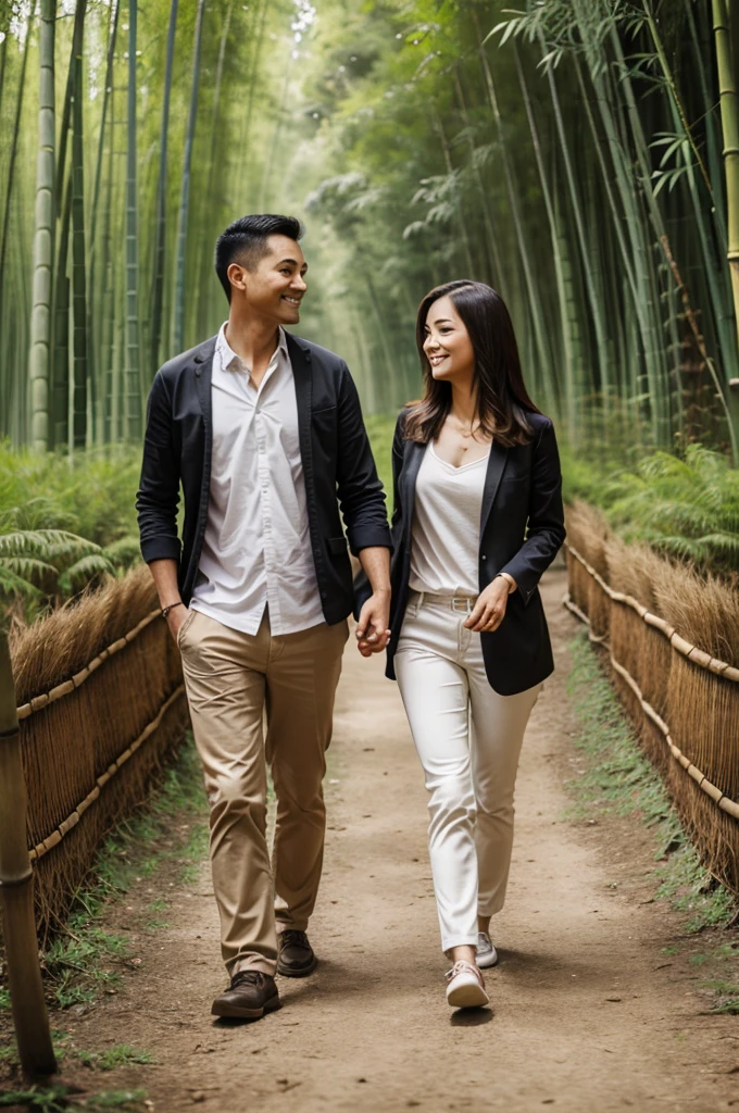 Lovly couple walking in bamboo forest with handling hand, proper clothing, hd image, well definited faces