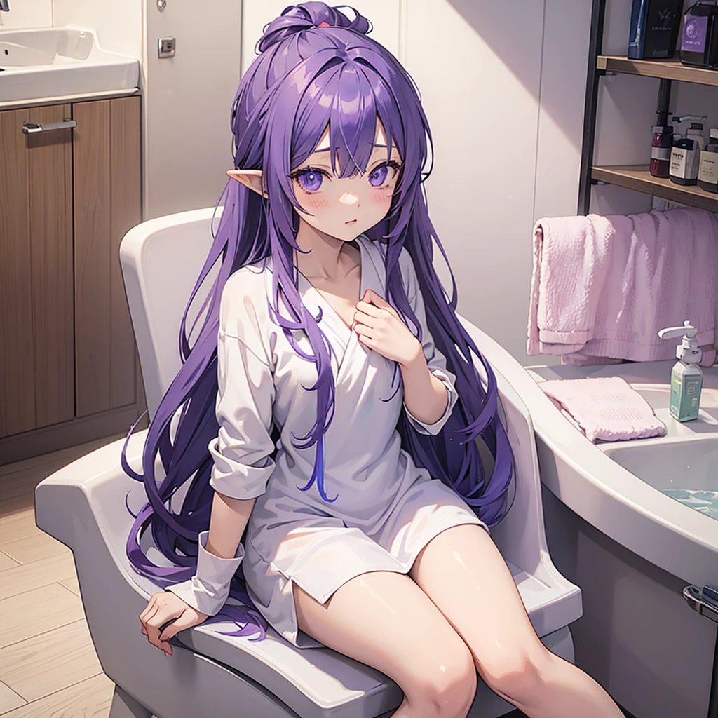 anime girl long purple hair Wrapped in a bath towel, Sitting in a chair. she has pointy ears. Manga kawaii. iridescent ,An illustration, 0ne person