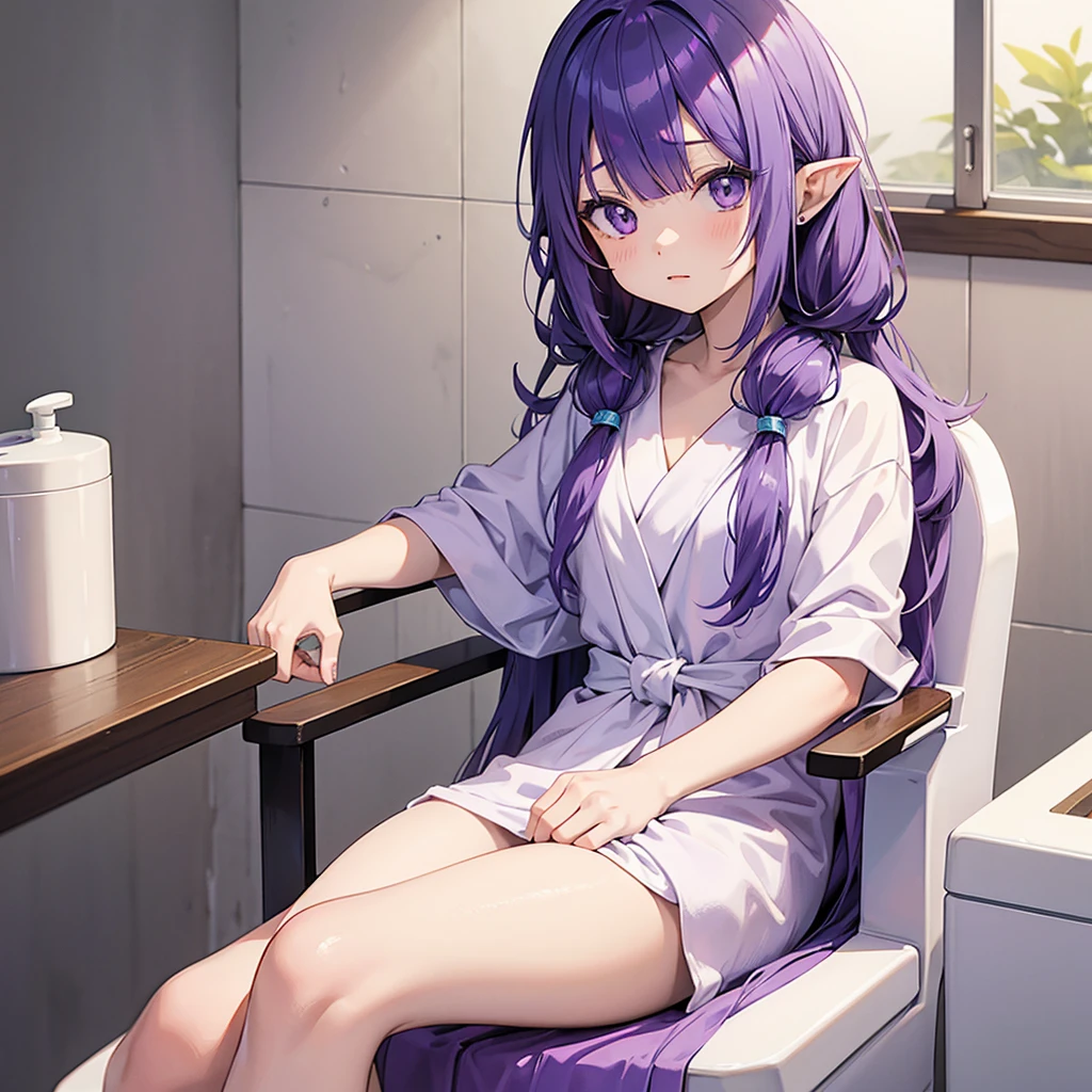 anime girl long purple hair Wrapped in a bath towel, Sitting in a chair. she has pointy ears. Manga kawaii. iridescent ,An illustration, 0ne person