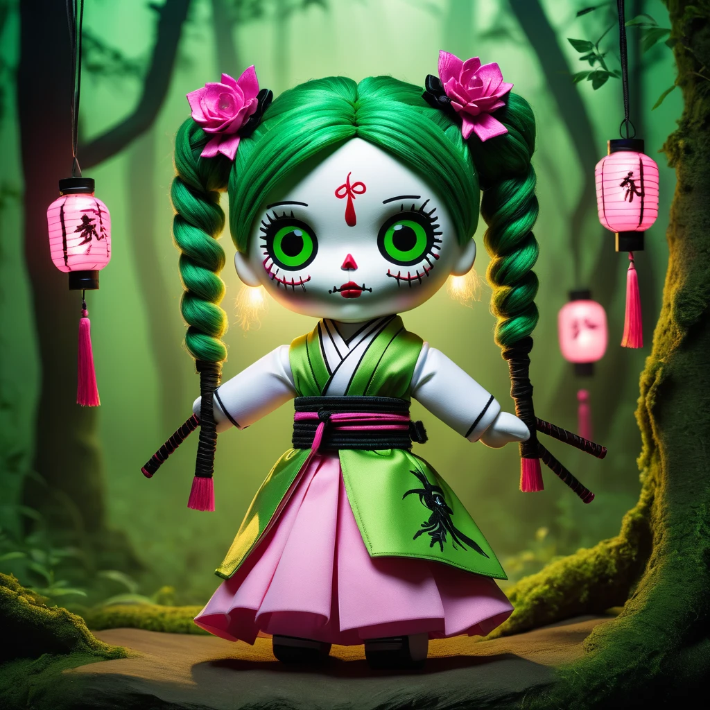(knitted toy voodoo doll:1.7), (Voodoo Mitsuri Kanroji:1.5), (Clothing white kimono with an open neckline and a black skirt, green knee-highs:1.0), (hair pink on top and green pigtails:1.4), (holds a small sword:1.0), (background:dark mystical forest with glowing lanterns:1.2), (style:creepy, mesmerizing, detailed:1.3), best quality, masterpiece, detailed soft oil painting, detailed background, dramatic cinematic lighting, soft edge lighting, professional, dramatic lighting, hard edge lighting, ultra quality, 4k, masterpiece, best quality, 8k, ultra high definition, high resolution, extremely detailed