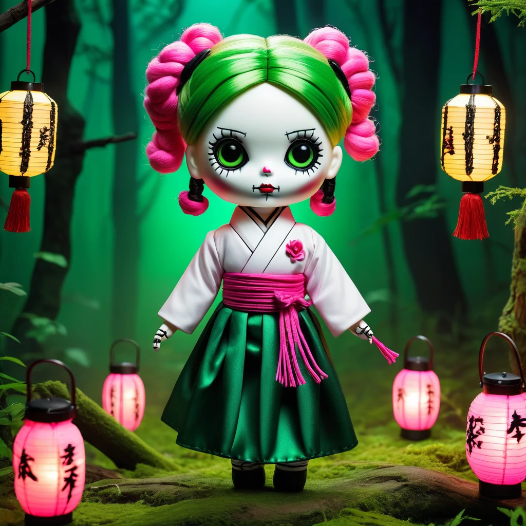 (knitted toy voodoo doll:1.7), (Voodoo Mitsuri Kanroji:1.5), (Clothing white kimono with an open neckline and a black skirt, green knee-highs:1.0), (hair pink on top and green pigtails:1.4), (holds a small sword:1.0), (background:dark mystical forest with glowing lanterns:1.2), (style:creepy, mesmerizing, detailed:1.3), best quality, masterpiece, detailed soft oil painting, detailed background, dramatic cinematic lighting, soft edge lighting, professional, dramatic lighting, hard edge lighting, ultra quality, 4k, masterpiece, best quality, 8k, ultra high definition, high resolution, extremely detailed

