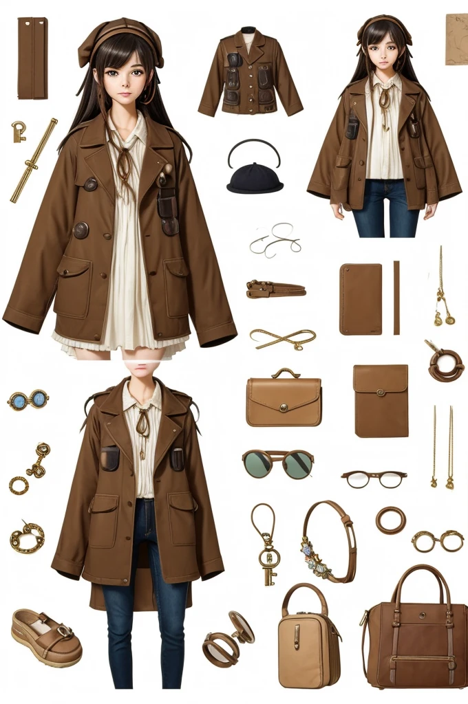 Can you make an oc with a full reference sheet and soft art style? She should look like the main character in a show of some kind. This character should have many accessories and a good outfit, she will be popular. Add more accessories like layered clothes, pins, hair clips, keychains, etc.