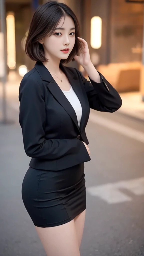 best quality, masterpiece, 1 Girl, Pretty Face, 25 years old，Mature，(photo Practical:1.3), Rim Light, (High Detail Skin:1.2), 8K uhd, Digital SLR Camera, high quality, high resolution, 4K, 8K, Bokeh,  absurd, The best ratio of four fingers and one thumb, (Practical:1.3), cute 1 Girl, Wearing a black formal suit jacket, Medium breasts, Short skirt,