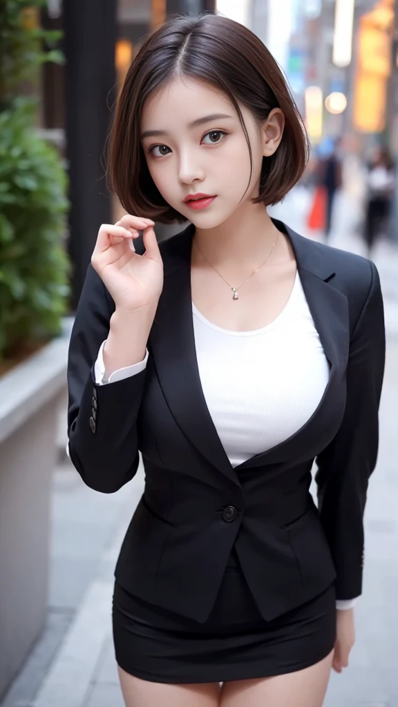 best quality, masterpiece, 1 Girl, Pretty Face, 25 years old，Mature，(photo Practical:1.3), Rim Light, (High Detail Skin:1.2), 8K uhd, Digital SLR Camera, high quality, high resolution, 4K, 8K, Bokeh,  absurd, The best ratio of four fingers and one thumb, (Practical:1.3), cute 1 Girl, Wearing a black formal suit jacket, Medium breasts, Short skirt,
