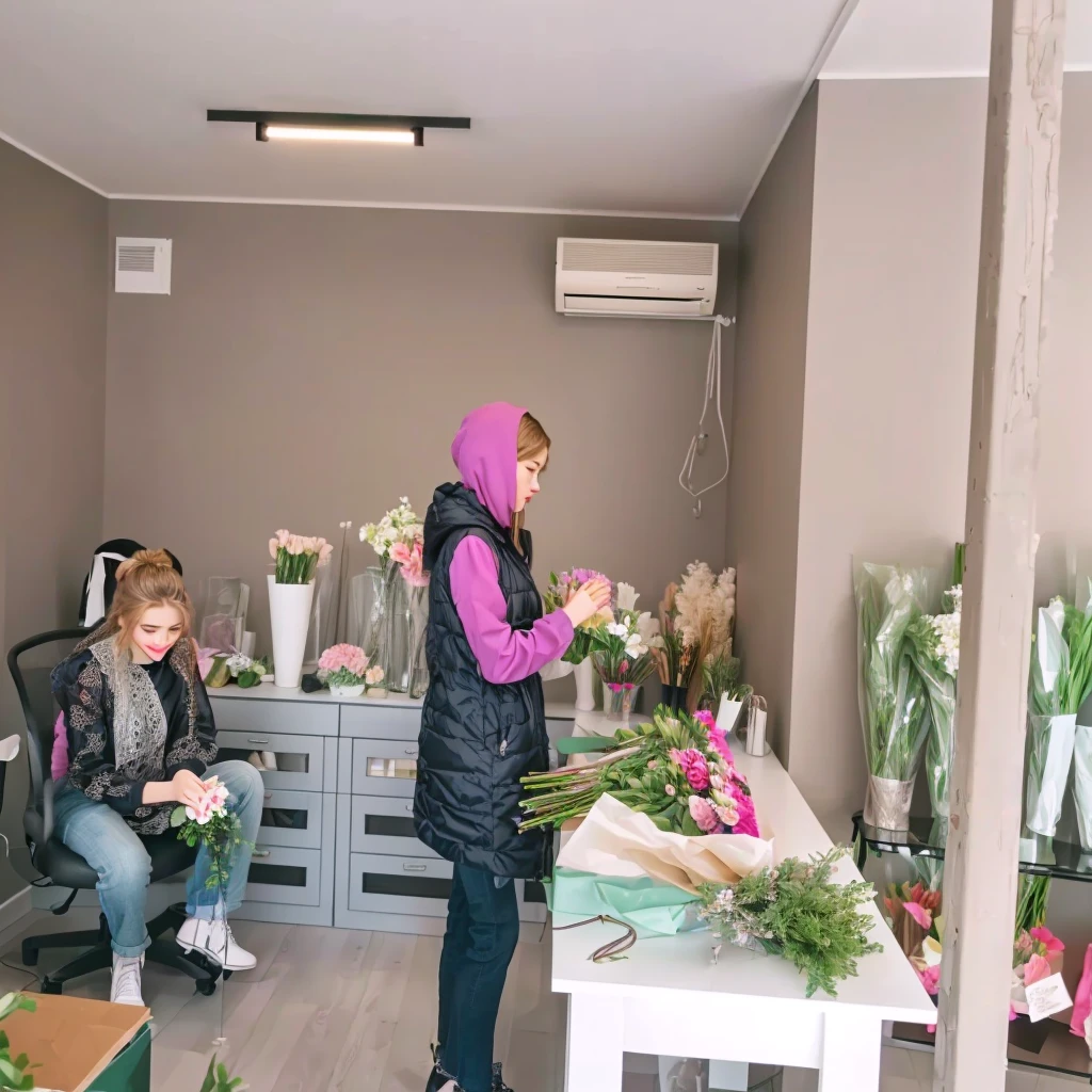 Best quality, 8 k, masterpiece: Flower shop: Ultra-modern flower shop: young girl: girl collecting a bouquet: sitting girl delete: interior design: Beautiful flowers: bright room: Girl face rosary: Workflow: modern furniture: Minimalist design: