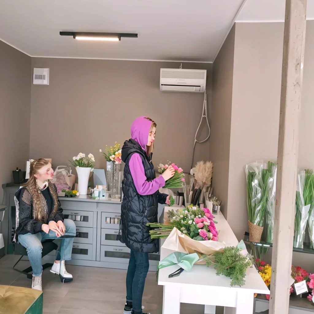 Best quality, 8 k, masterpiece: Flower shop: Ultra-modern flower shop: young girl: girl collecting a bouquet: sitting girl delete: interior design: Beautiful flowers: bright room: Girl face rosary: Workflow: modern furniture: Minimalist design: