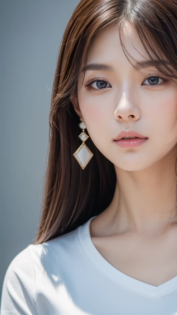 Beauty, Detailed facial features, Perfect figure, Elegant Japanese Goddess, Gorgeous Chinese Model, Realistic and vivid, Earrings, Fashionable and young々Shii, Solo Portrait, Close-up photography, Brown Hair, Highest quality, 4K, 8K, High definition, masterpiece, Super Detail, Vibrant close-up portrait in color, Studio Lighting, Physically Based Rendering, Sharp Focus, Professional photographer, Blonde, uniform, Pull-up, White T-shirt