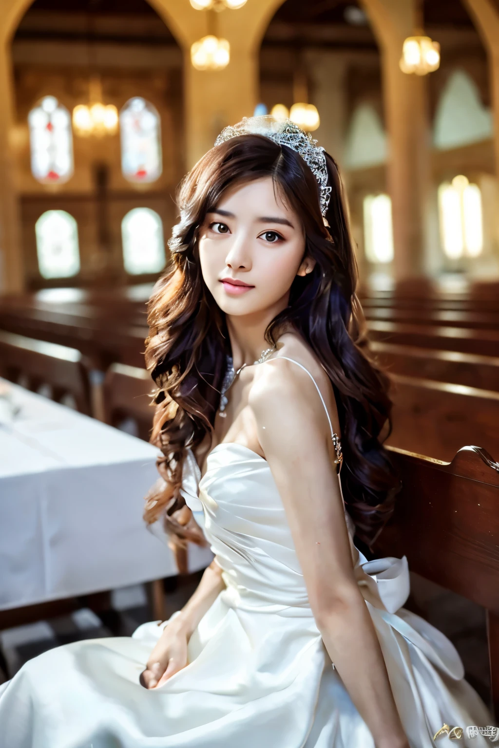 Skinny Japanese woman, Long Wavy Hair, wear (Wedding dress:1.3), sitting in church. Realistic, Realistic, high quality, Raw photo, Detailed Background, Very detailed, Sharp focus, High resolution, 8K, 超High resolution, Digital SLR, Realistic eyes, Perfect Eyes,Wedding dress、Seductive pose、Full body photo、Full body photo、