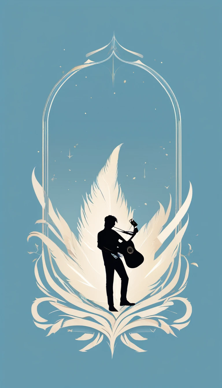 A minimal, modern, simple, cinematic logo design for the brand “Penamemoria". The logo design must be a simple, silhouette of a boy, standing up, playing acoustic guitar and fantasy feather by his side. The logo must convey a sense of music, stories, memories and dreams. Logo design impressed on a book cover. Minimalistic logo. Light blue, soft white and light golden as colors for the logo design