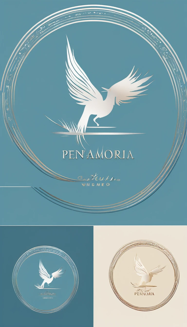 A minimal, modern, simple, cinematic logo design for the brand “Penamemoria". The logo design must be a simple, silhouette of a boy, standing up, playing acoustic guitar and fantasy feather by his side. The logo must convey a sense of music, stories, memories and dreams. Logo design impressed on a book cover. Minimalistic logo. Light blue, soft white and light golden as colors for the logo design