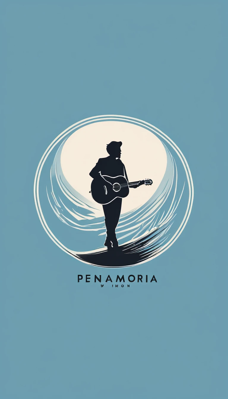 A minimal, modern, simple, cinematic logo design for the brand “Penamemoria". The logo design must be a simple, silhouette of a boy, standing up, playing acoustic guitar and fantasy feather by his side. The logo must convey a sense of music, stories, memories and dreams. Logo design impressed on a book cover. Minimalistic logo. Light blue, soft white and light golden as colors for the logo design