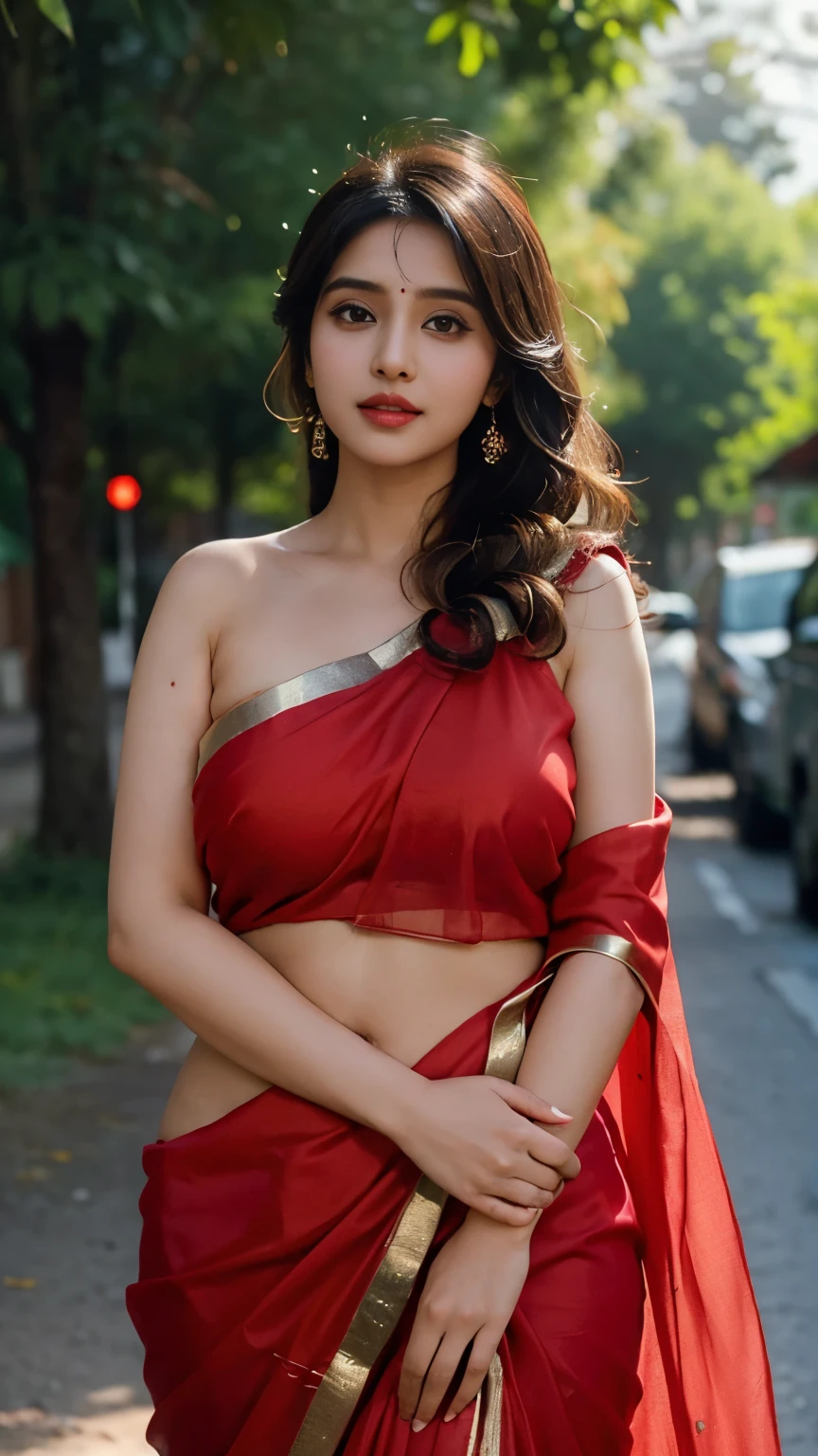 (((desi girl))), chubby face, natural skin, wearing red bridal saree, charming black hair, ((hair ends are blonde)), greenary village background, big ,bokeh