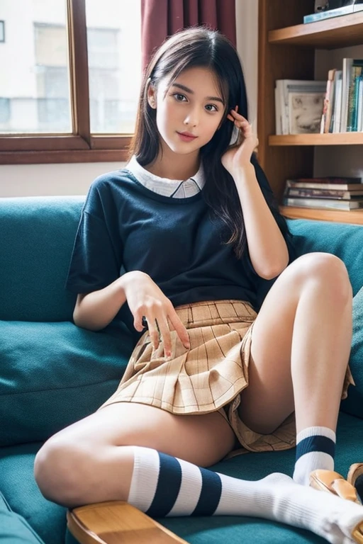 , shorts under skirt , High socks , Loafers , Sitting with Knees Up on sofa at living, spread legs