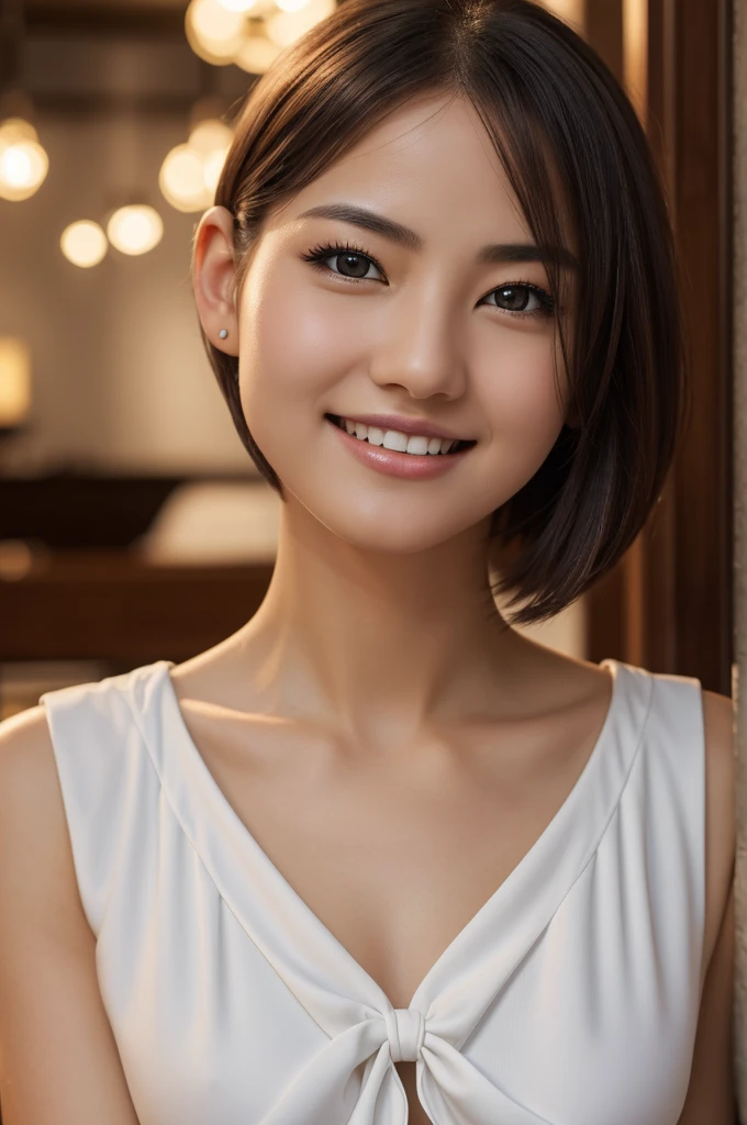 (8k, RAW photo, best quality, masterpiece:1.2), (realistic, photo-realistic:1.37), ultra-detailed,
1 girl,cute, solo,beautiful detailed sky,detailed cafe,night,sitting,dating,(nose blush),(smile:1.1),(closed mouth),large breasts, seductive smile, large aparture, professional lighting, Sony A7R4, Zessie 50mm F1.8,,fold your arms behind head:1.5,mole under eye:1.2
medium breasts,beautiful detailed eyes,(white sexy dress:1.1), bowtie,pleated skirt,(short hair:1.2),floating hair