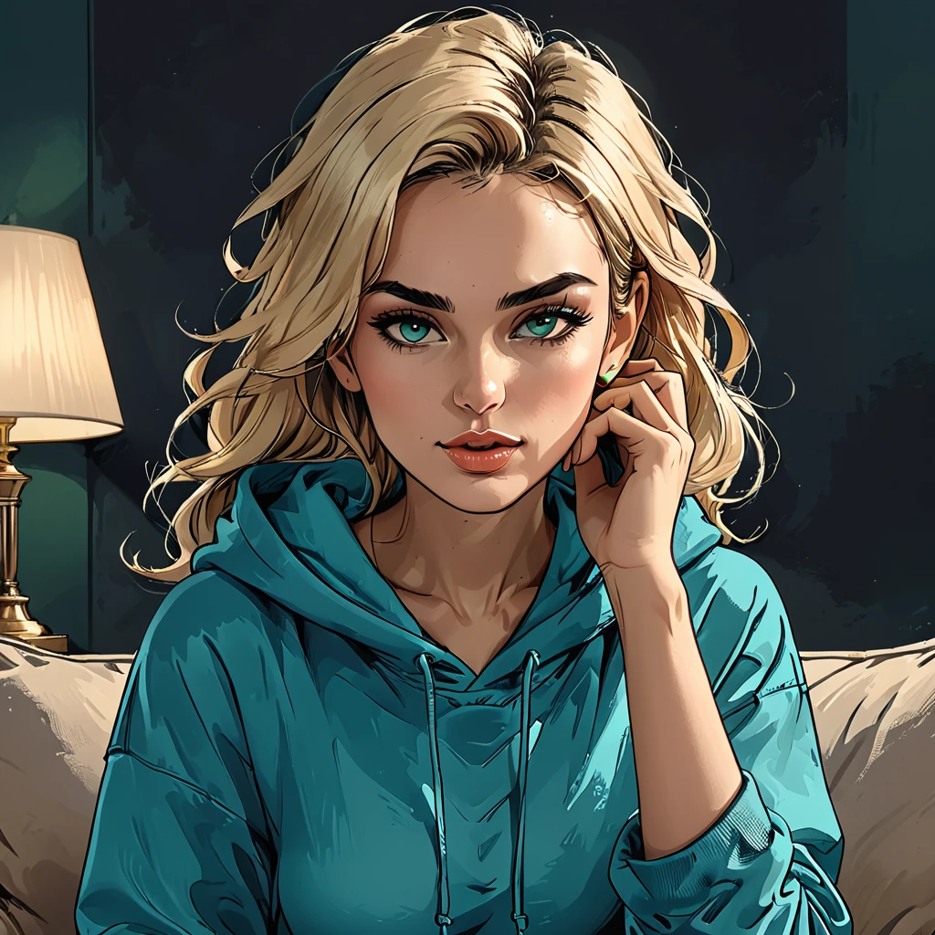 green ((pearl)) at hands,portrait girl eating a green pearl in (((Blue oversized hoodie))) and black Elastic shorts sits at sofa at dark green office, adult, [Nordic], Hourglass elongated fitness body, perfect Olive skin, Oval Face, Long neck, Rounded shoulders, perfect hand, Attached Pointed ears, round forehead, Short blonde Waves pixie hair, blue eyes, snub nose, Arched eyebrows, High Round Narrow cheekbones, Dimpled Cheeks, Rounded Chin, Rounded Jawline, Full nude Lips, Nude Makeup Look, long eyelashes, graphic style of novel comics, 2d, 8k, hyperrealism, masterpiece, high resolution, best quality, ultra-detailed, super realistic, Hyperrealistic art, high-quality, ultra high res, highest detailed, lot of details, Extremely high-resolution details, incredibly lifelike, colourful, soft cinematic light,