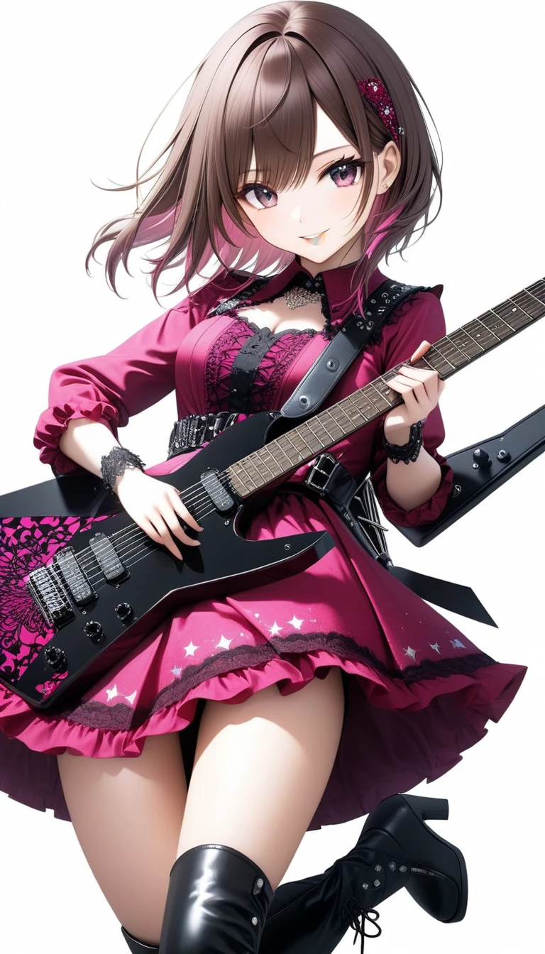 (((White background:1.2)))、(masterpiece、Ultra HD、Masterpiece、４K)、Perfect Style、A Scandinavian gothic metal girl playing a flashy electric guitar vigorously., Intense gaze into the camera, Intricate details, Highly detailed eyes, Brown bob hair、Pink Gothic Dress, Flash photography, Intricate details、smile、Wear long black boots、mini skirt、Intense movement、Uplifting、looks fun