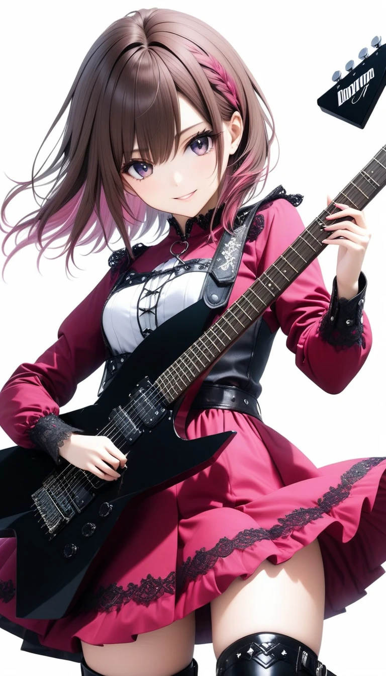 (((White background:1.2)))、(masterpiece、Ultra HD、Masterpiece、4K)、Perfect Style、A Scandinavian gothic metal girl playing a flashy electric guitar vigorously., Intense gaze into the camera, Intricate details, Highly detailed eyes, Brown bob hair、Pink Gothic Dress, Flash photography, Intricate details、smile、Wear long black boots、mini skirt、Intense movement、Uplifting、looks fun
