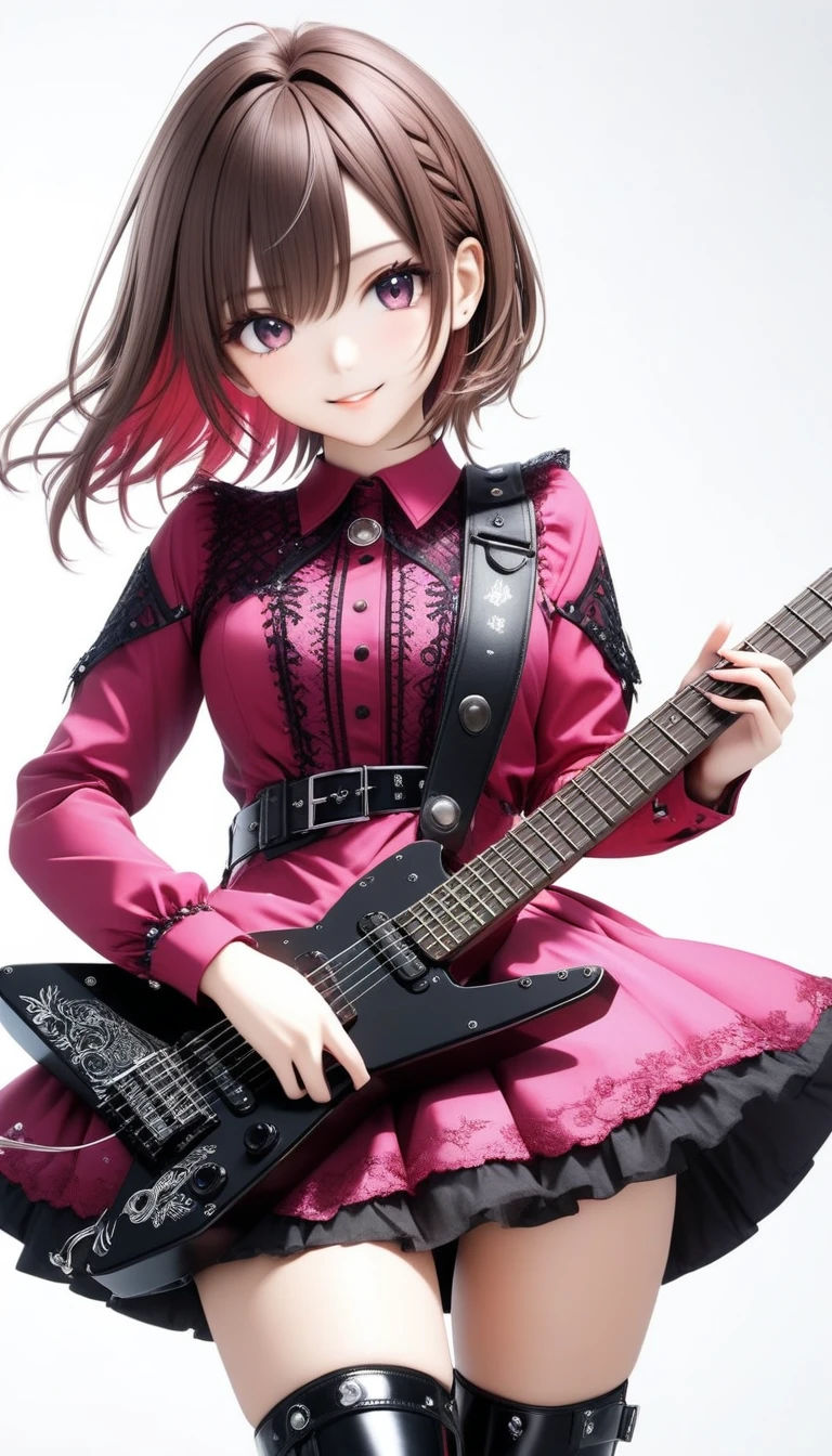 (((White background:1.2)))、(masterpiece、Ultra HD、Masterpiece、４K)、Perfect Style、A Scandinavian gothic metal girl playing a flashy electric guitar vigorously., Intense gaze into the camera, Intricate details, Highly detailed eyes, Brown bob hair、Pink Gothic Dress, Flash photography, Intricate details、smile、Wear long black boots、mini skirt、Intense movement、Uplifting、looks fun