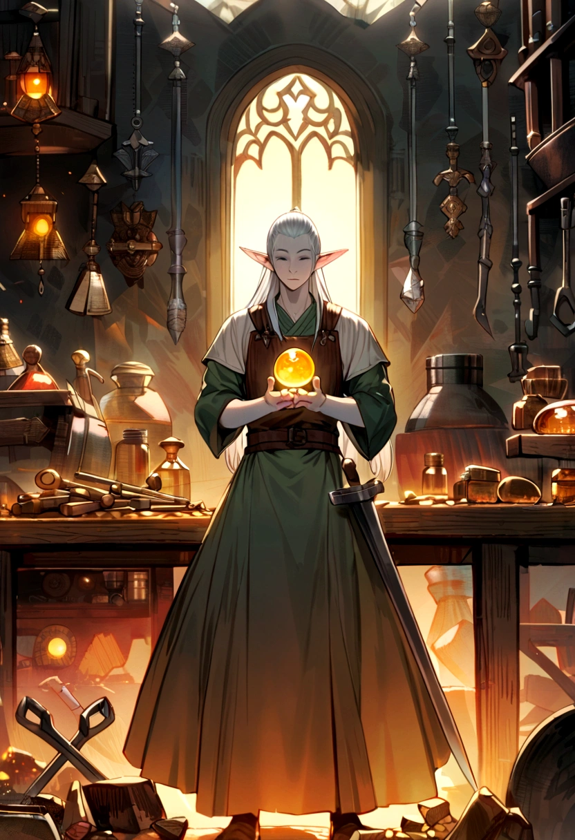 The image depicts a slender and graceful elf blacksmith with pale skin and long silver hair neatly tied back. The elf is wearing a leather apron over beautiful traditional elven clothing.
He stands in front of a large forge emitting a warm orange glow. In his hands, he holds a large hammer and a blade being forged on an iron anvil. Surrounding him are various blacksmithing tools like tongs, chisels, and hammers neatly arranged on workbenches and walls.
The background shows a clean and organized workshop with shelves filled with precious metals, gemstones, and intricately crafted weapons and armor. A large window behind him reveals a dense forest with rays of morning sunlight streaming in, adding a magical and natural ambiance to the workspace. His expression is focused and full of dedication, reflecting the skill and wisdom he has gained over the years.
