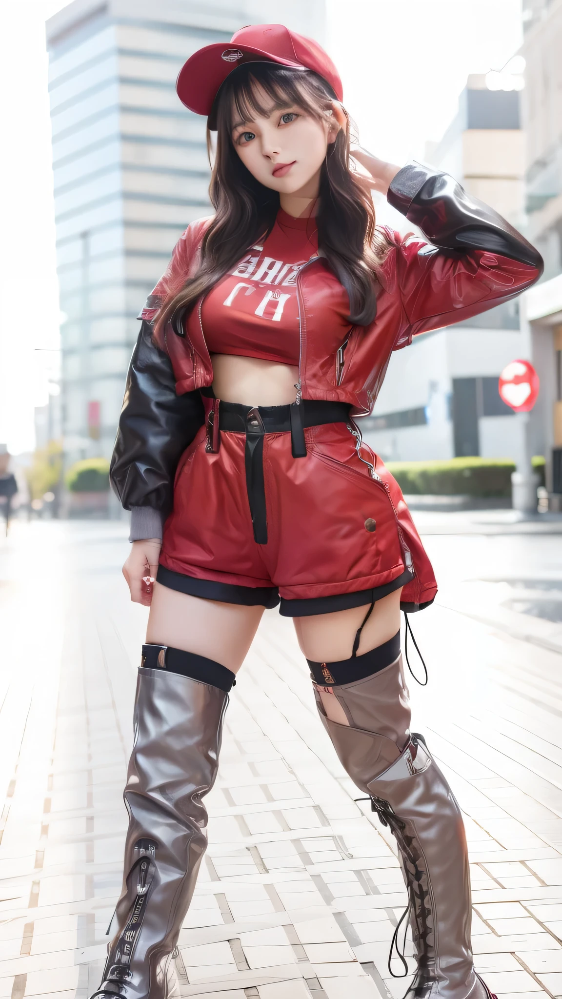 infp young woman、Good Style、、Shorts、、Idol face、large full breasts、、long boots、Reddish fashion