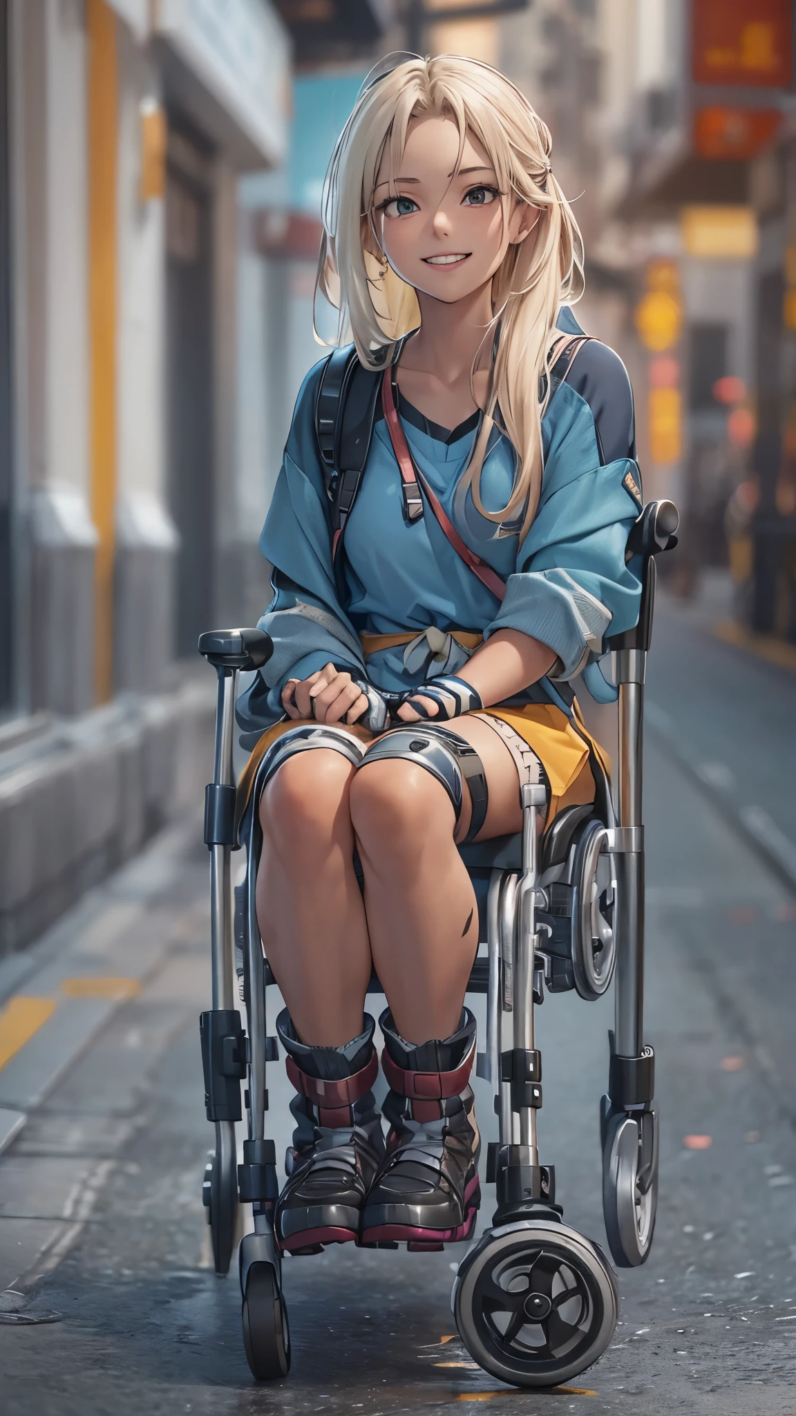 (Very detailed, Realistic), Cityscape, [moderately:Oil], [Professional:1.1], [Physically Based Rendering], [Bright colors], [Sharp focus], [Studio Lighting], [Attention to detail], [Highest quality,4K,8K,High resolution,masterpiece:1.2],(Detailed face),((In the hospital)),((One 18-year-old woman)),(Blond messy hair),(dark),(it hurts),(scared),(Grin),[Nervous eyes],((Her legs are very thin)),((She walks using crutches,Crutch length from armpit,She has crutches beside her)),((She relies on crutches)),((She has a cast on her leg.)),((Leg Brace)),((Leg Brace)),((She is a wheelchair user)),((She is a wheelchair user)),((Her feet are pointing inwards)),(Street Casual Fashion,Cold shoulder tops,Shorts,loose socks),((Lace-up boots)),(gloves,Knee pads),.