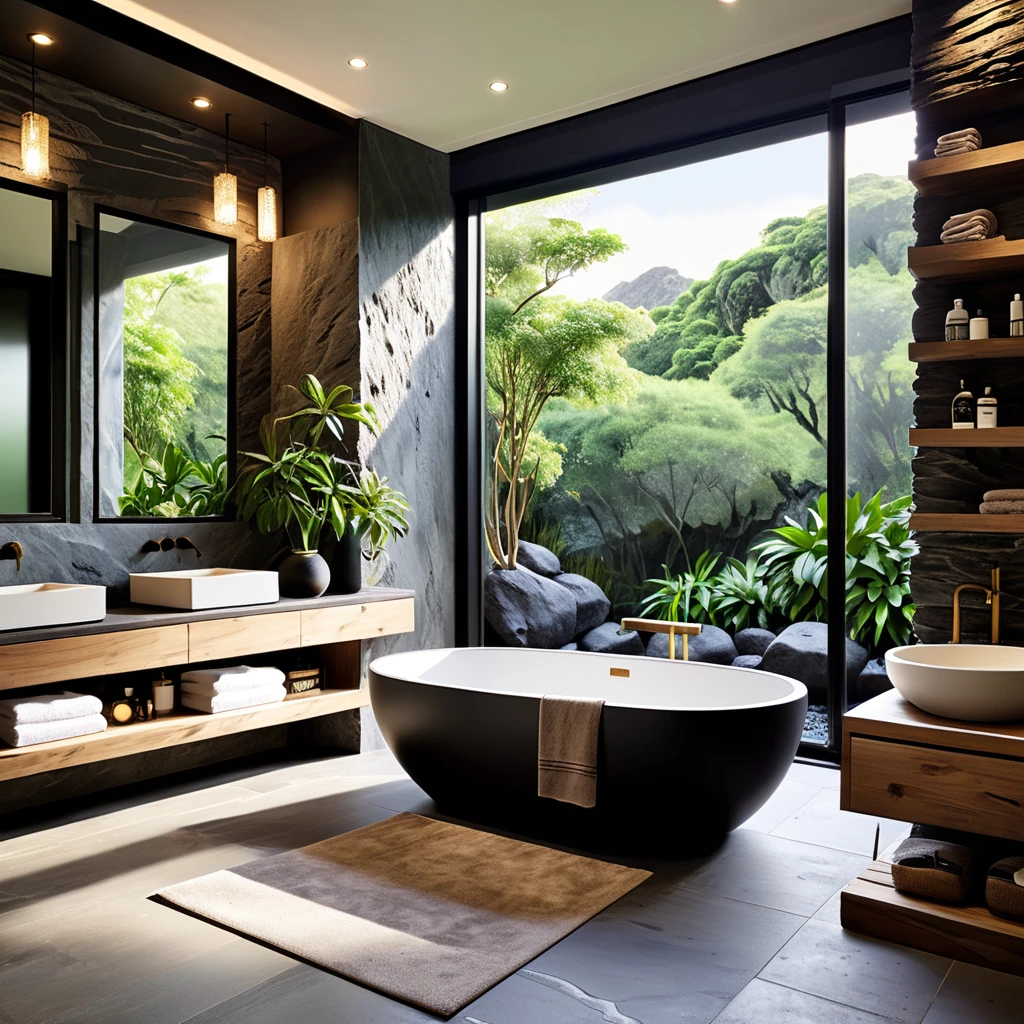 Design an elegant and tranquil bathroom that integrates modern luxury with natural beauty. The space should feature a large matte black bathtub positioned next to a floor-to-ceiling window that opens up to a scenic rocky garden with lush plants. The walls should be covered with dark, textured stone tiles to add depth and sophistication. Include a minimalist wooden vanity with a vessel sink and open shelving for easy access to towels and toiletries. Ensure the room is lit with soft recessed lighting and ample natural light to create a serene and relaxing environment.