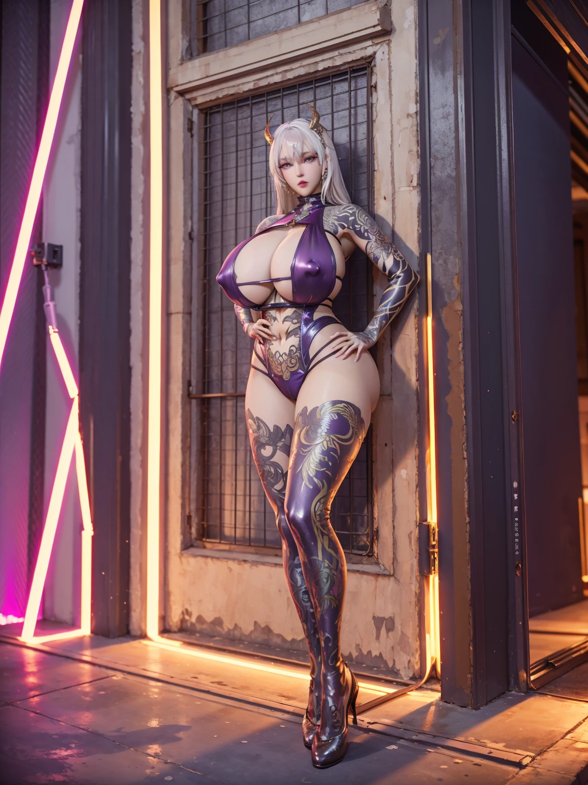 DRAGON BIG HORN ON HEAD, (BUSTY HUGE FAKE BOOBS), (BEAUTIFUL FACE), (WHITE HAIR), (WHITE, PURPLE, GOLD, ARMOR), (PHOENIX ARMORED GEAR), ((A PAIR OF LARGEST PEACOCK DOUBLE WINGS)), SKINTIGHT PHOENIX MECHA LATEX SUIT, (CLEAVAGE), (SKINTIGHT YOGA PANTS), (SEXY LEGS), (LOOKING ON VIEWER), (FULL BODY), ((STANDING POSE)), (SLENDER), (SEXY BODY), (MUSCLE ABS), UHD, 8K, 1080P.