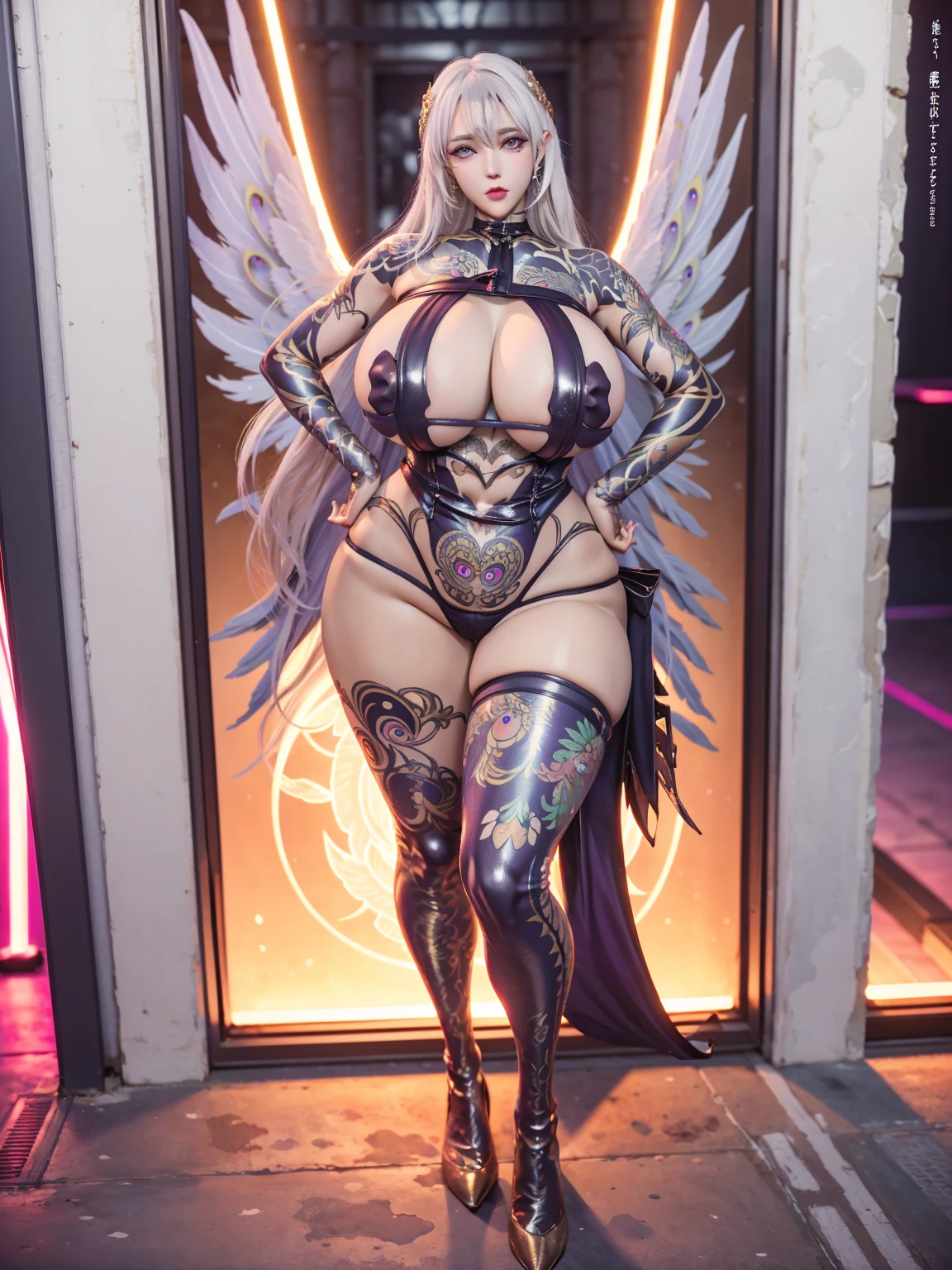 DRAGON BIG HORN ON HEAD, (BUSTY HUGE FAKE BOOBS), (BEAUTIFUL FACE), (WHITE HAIR), (WHITE, PURPLE, GOLD, ARMOR), (PHOENIX ARMORED GEAR), ((A PAIR OF LARGEST PEACOCK DOUBLE WINGS)), SKINTIGHT PHOENIX MECHA LATEX SUIT, (CLEAVAGE), (SKINTIGHT YOGA PANTS), (SEXY LEGS), (LOOKING ON VIEWER), (FULL BODY), ((STANDING POSE)), (SLENDER), (SEXY BODY), (MUSCLE ABS), UHD, 8K, 1080P.